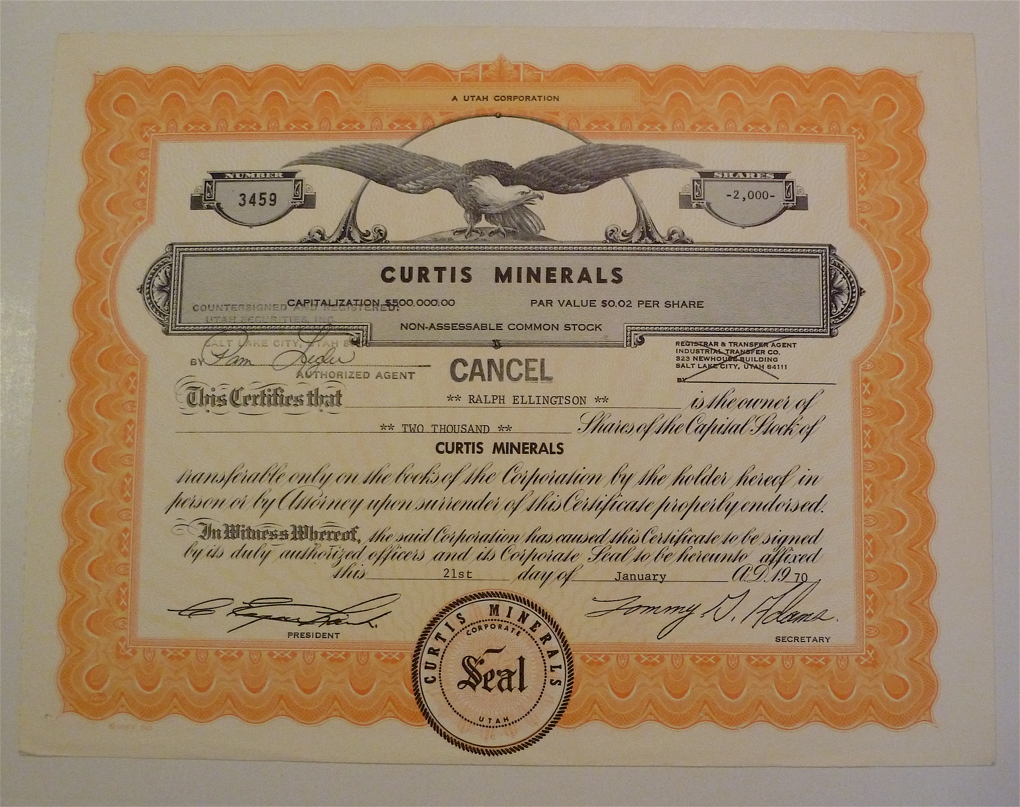 1970 Curtis Minerals Stock Certificate