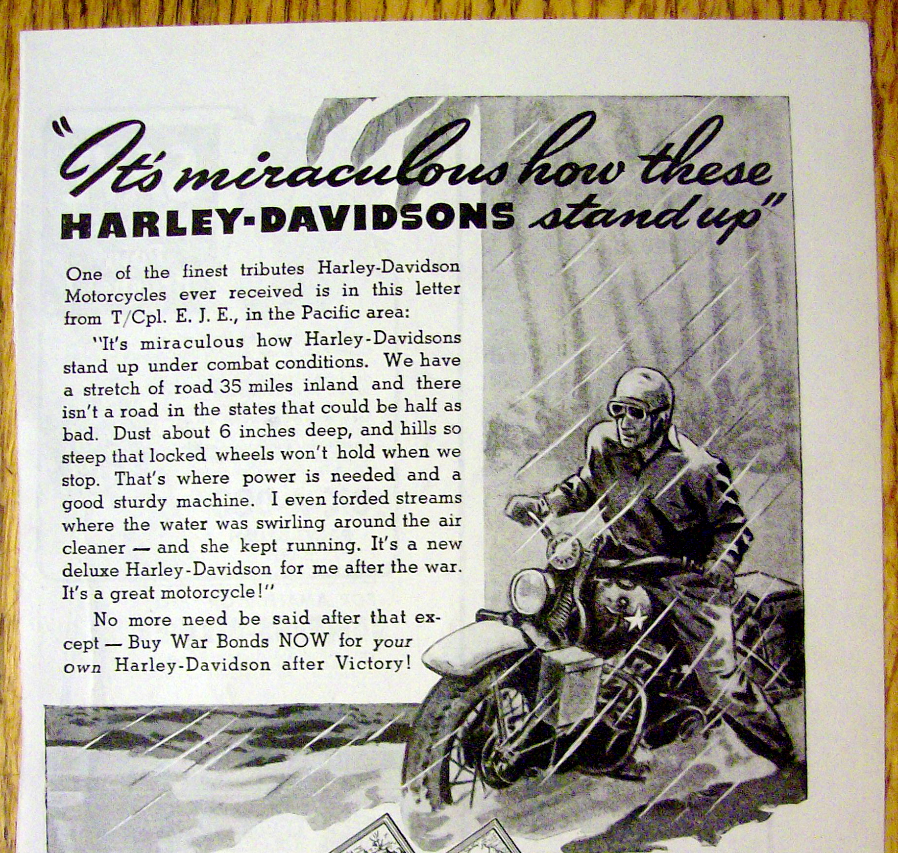 1944 Harley Davidson With Man Riding In Rain