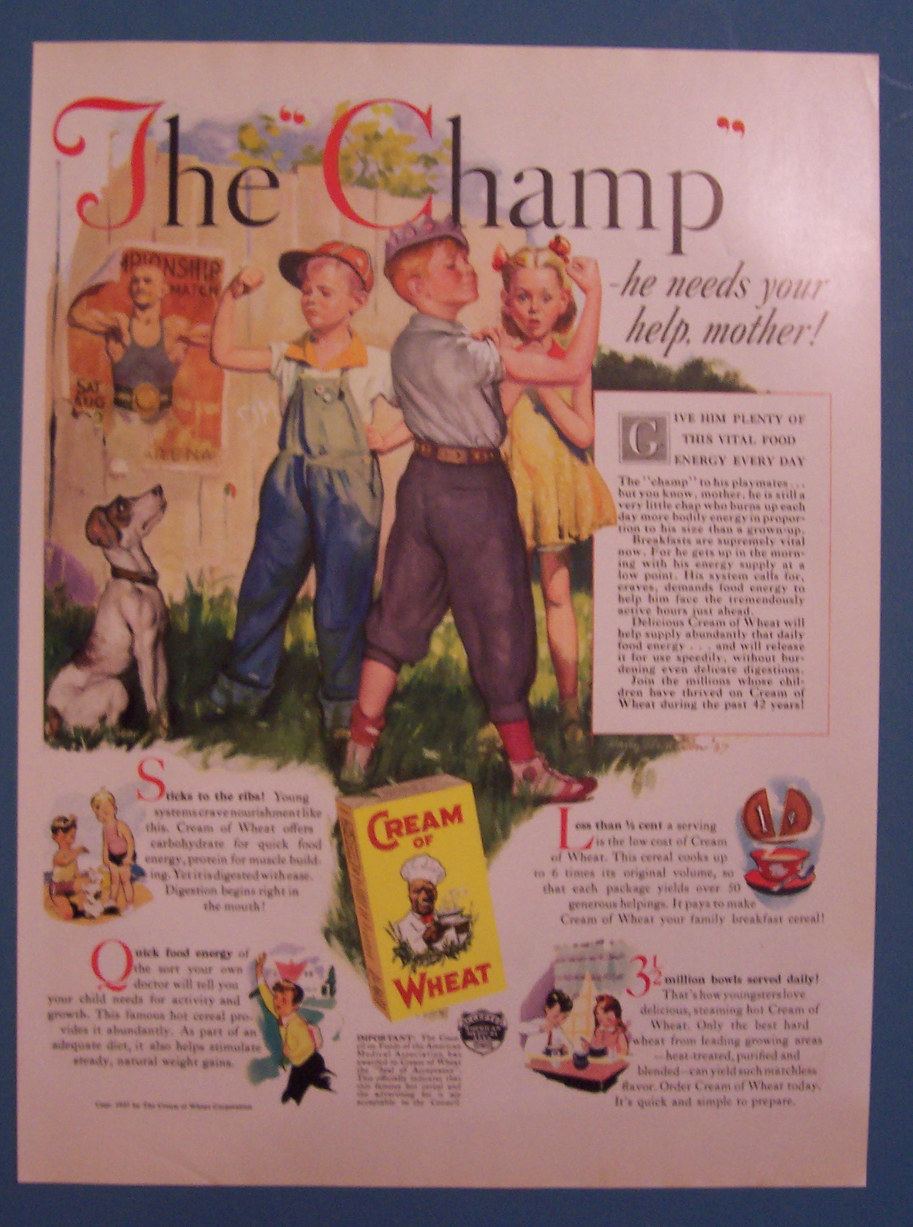 1937 Cream Of Wheat Cereal with Boy Showing Muscles