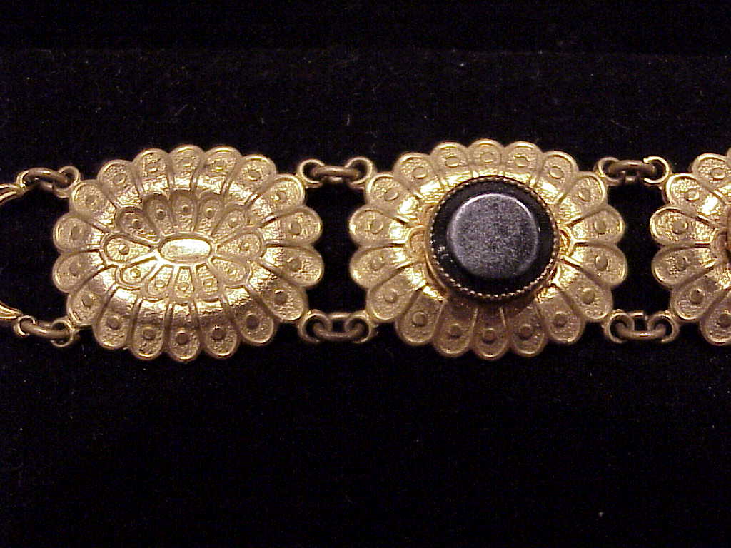 Antique Victorian Art Nouveau Stamped Brass And Onyx Bracelet