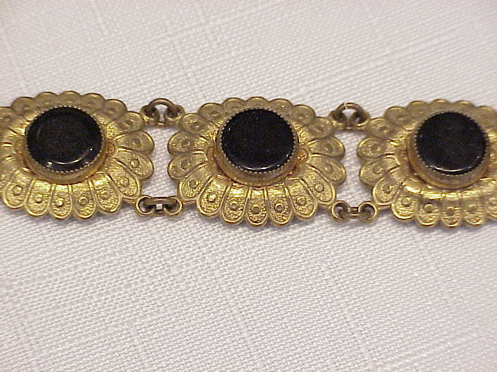 Antique Victorian Art Nouveau Stamped Brass And Onyx Bracelet