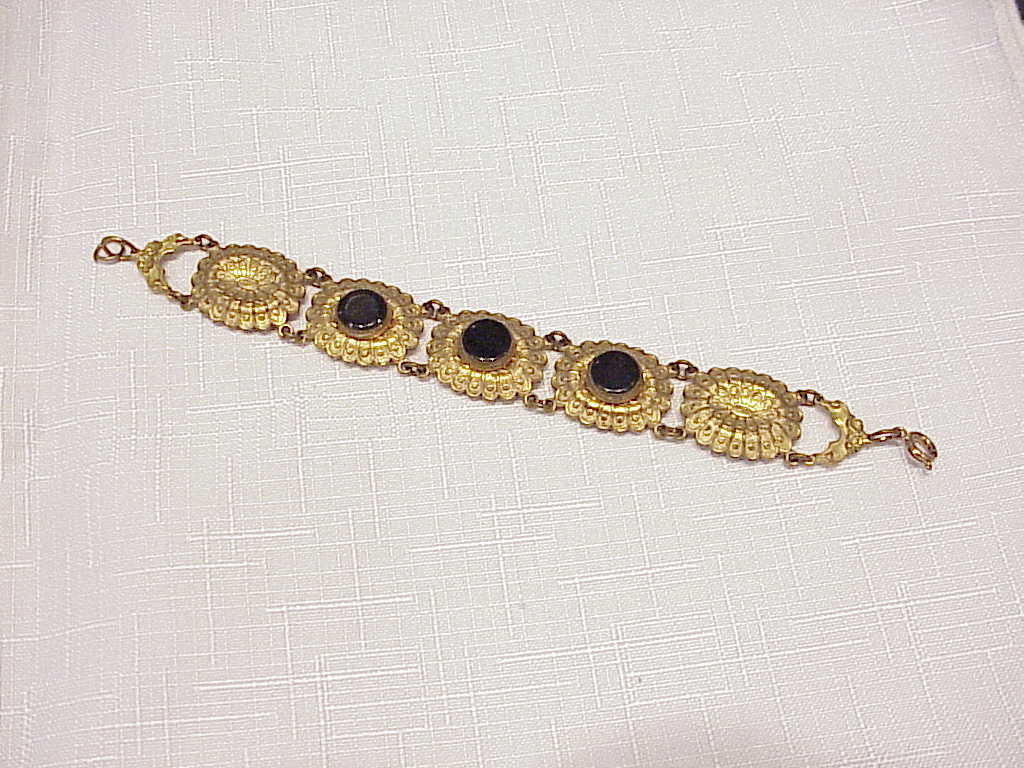 Antique Victorian Art Nouveau Stamped Brass And Onyx Bracelet