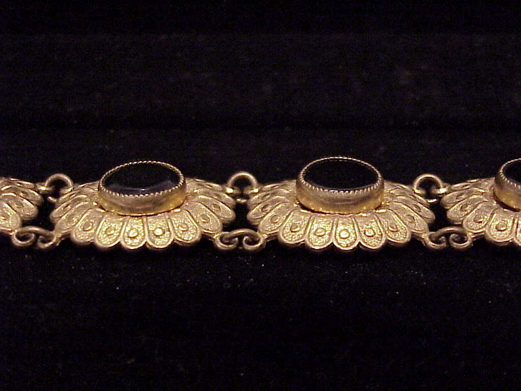 Antique Victorian Art Nouveau Stamped Brass And Onyx Bracelet