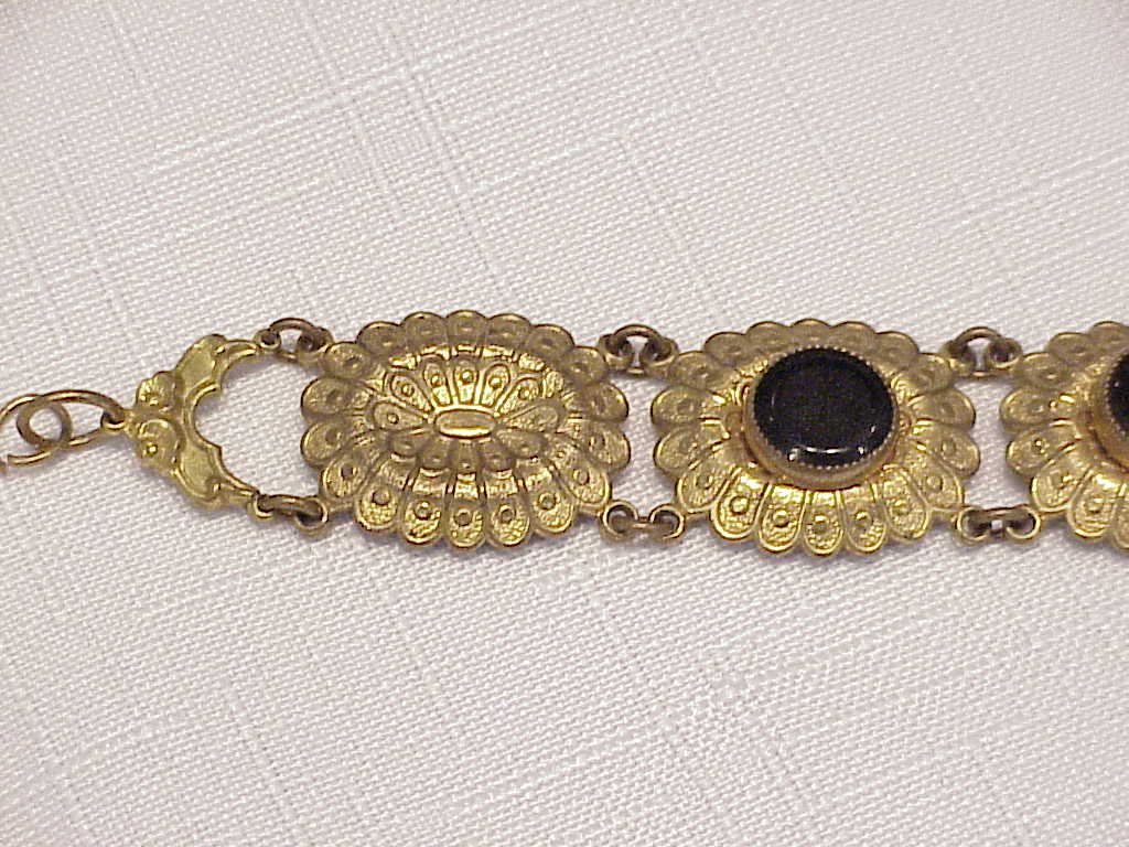 Antique Victorian Art Nouveau Stamped Brass And Onyx Bracelet