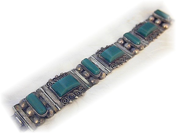 Mexico Sterling Silver Green Glass Jade Bracelet