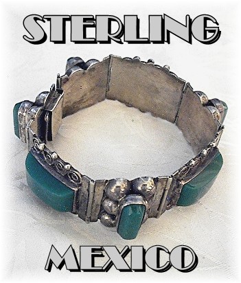 Mexico Sterling Silver Green Glass Jade Bracelet