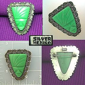 Mecico Sterling Silver Green Glass Brooch