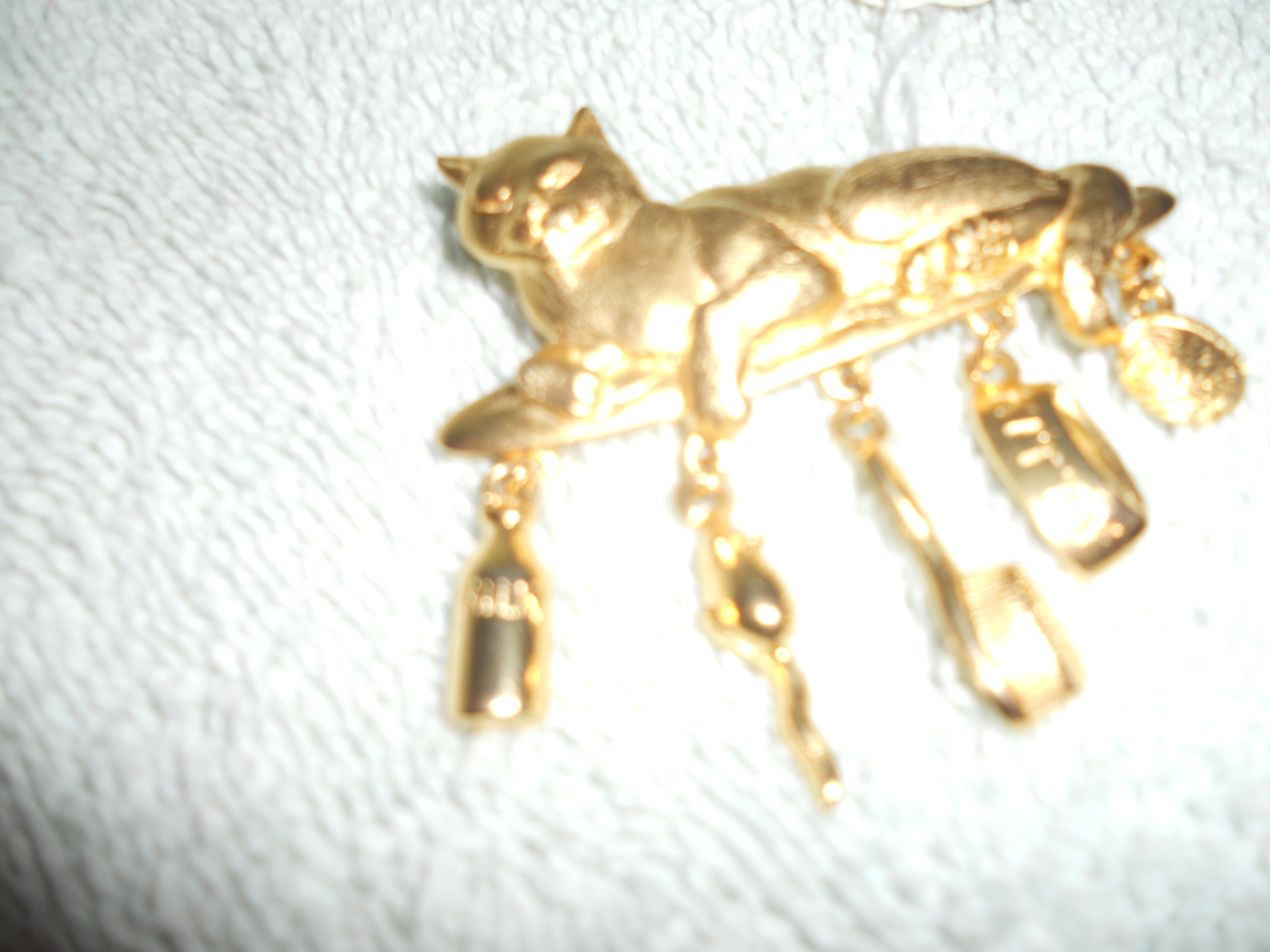 JJ Jonette Cat Pin Gold Tone with five Charms