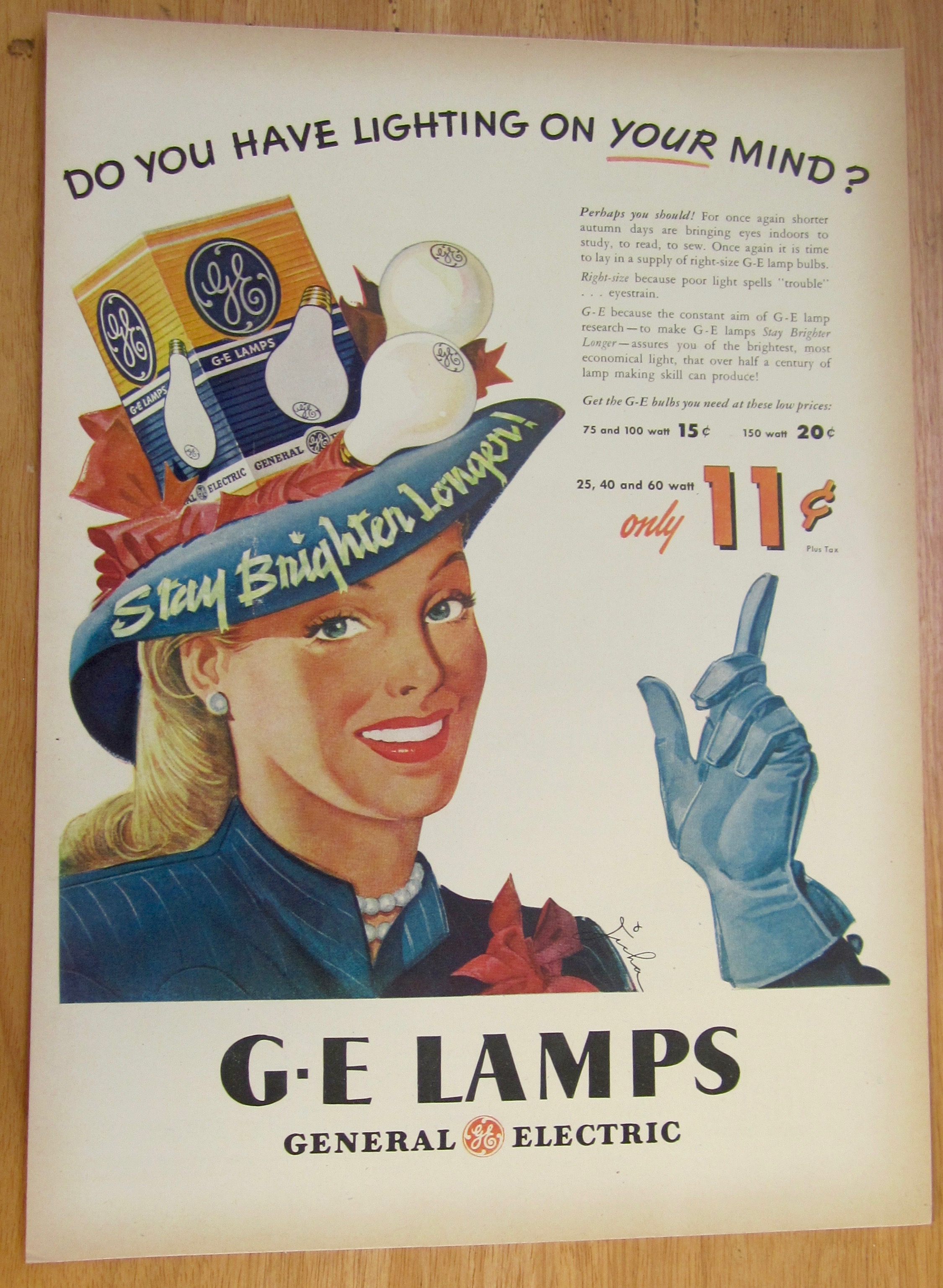 1946 General Electric Lamps with Woman Wearing Bulb Hat