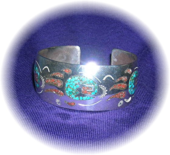 Native American Coral Turquoise Sterling Silver Inlay D