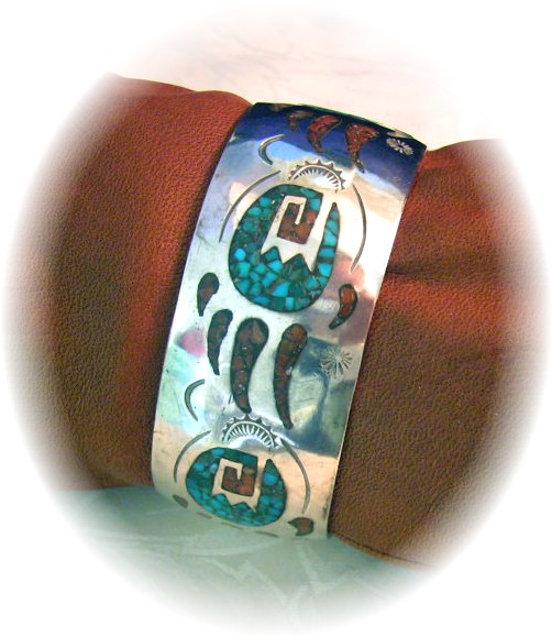 Native American Coral Turquoise Sterling Silver Inlay D