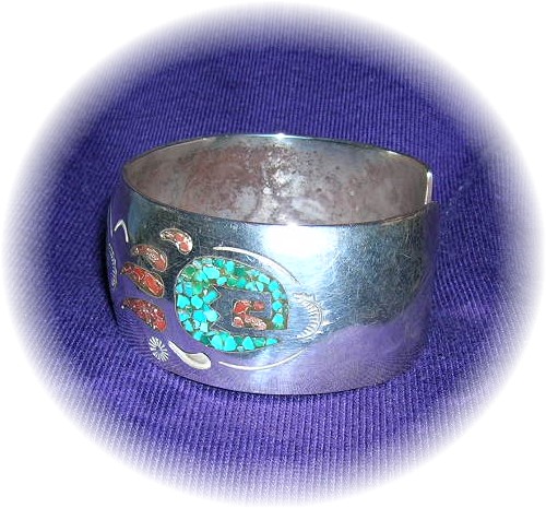 Native American Coral Turquoise Sterling Silver Inlay D