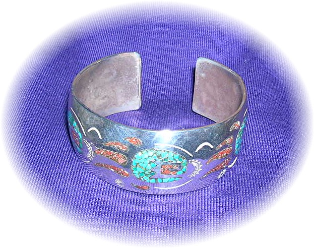 Native American Coral Turquoise Sterling Silver Inlay D