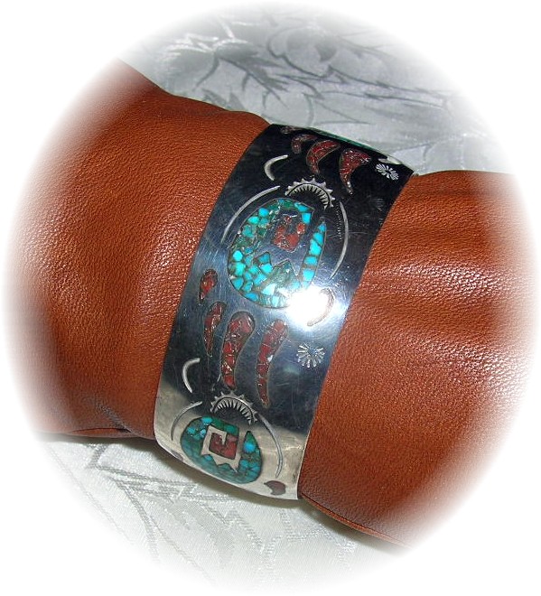 Native American Coral Turquoise Sterling Silver Inlay D