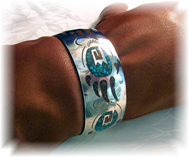 Native American Coral Turquoise Sterling Silver Inlay D