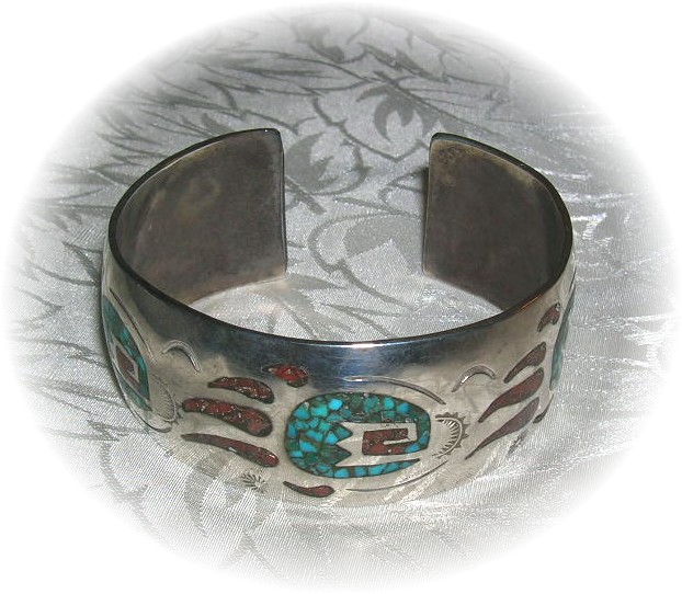 Native American Coral Turquoise Sterling Silver Inlay D