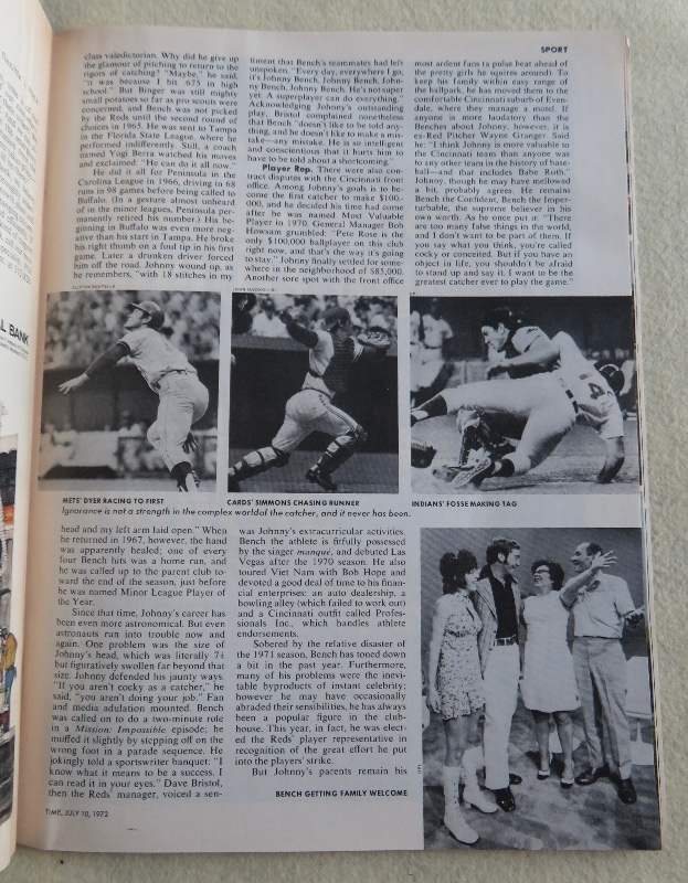 Time Magazine July 10, 1972 Baseball's Best Catcher Cincinnati's Johnny Bench