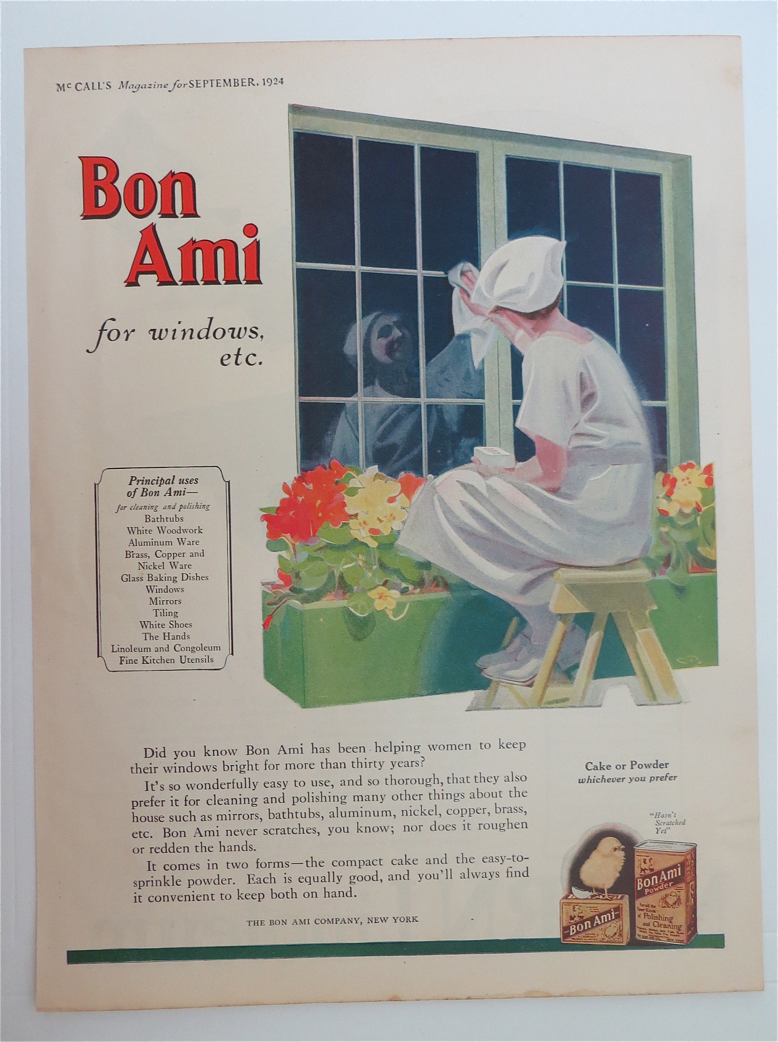 1924 Bon Ami w/ Woman Sitting on Stool Cleaning Window