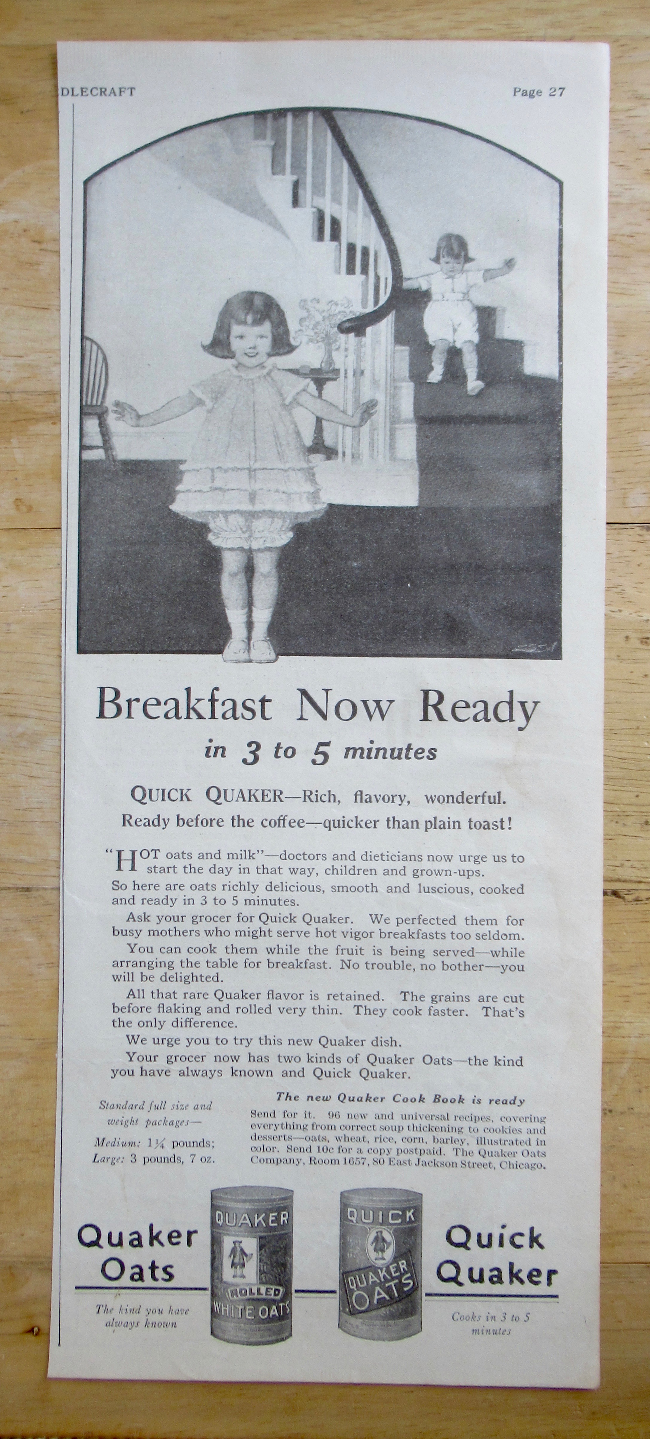 1925 Quick Quaker Cereal with Child Coming Downstairs