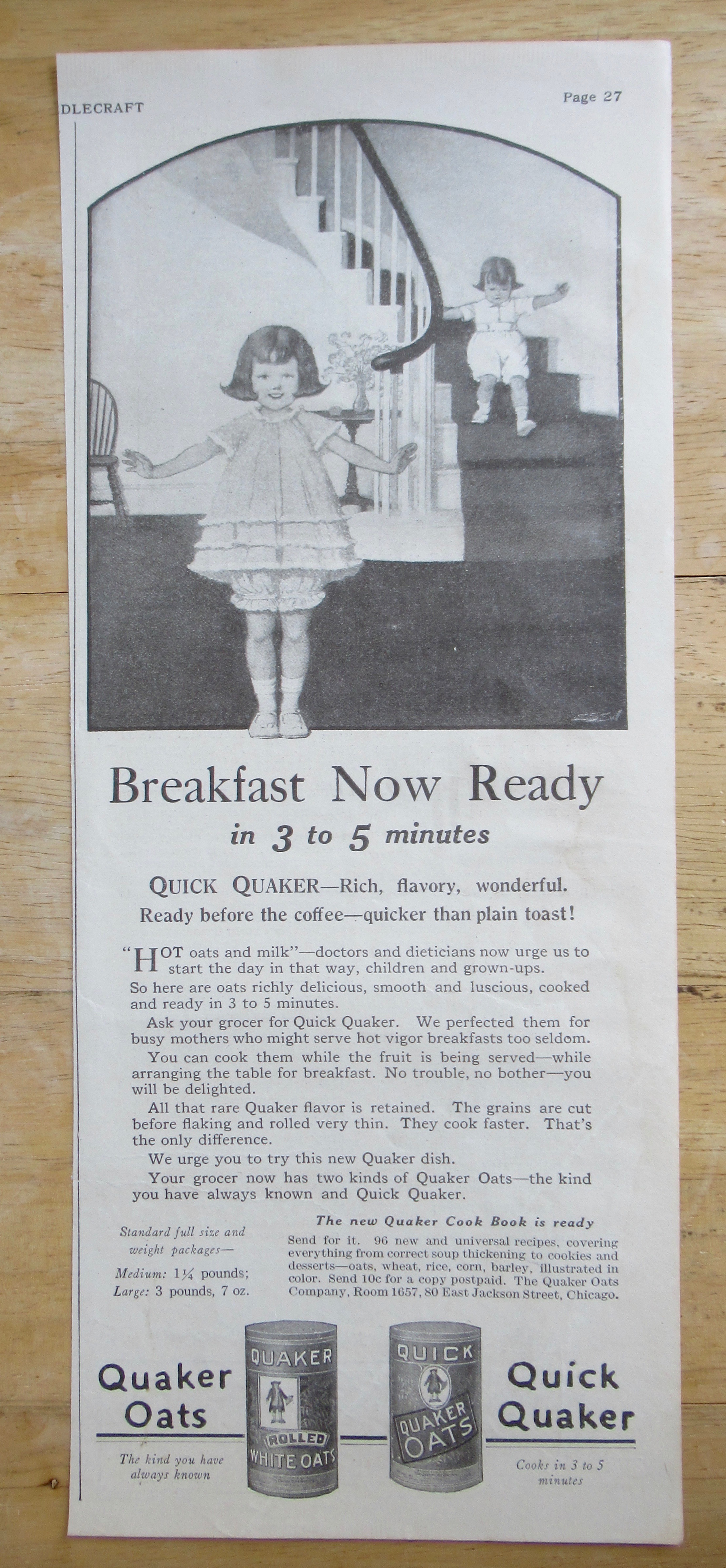 1925 Quick Quaker Cereal with Child Coming Downstairs