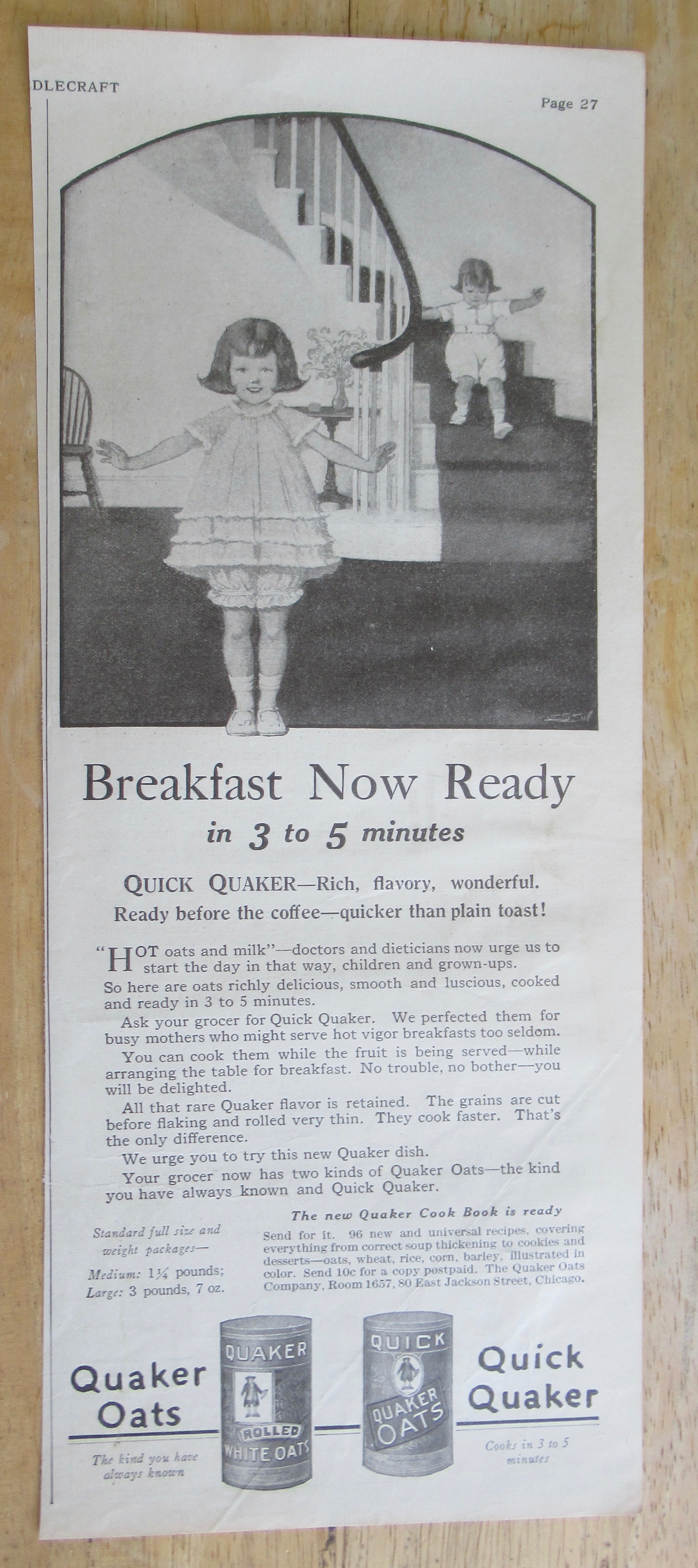1925 Quick Quaker Cereal with Child Coming Downstairs