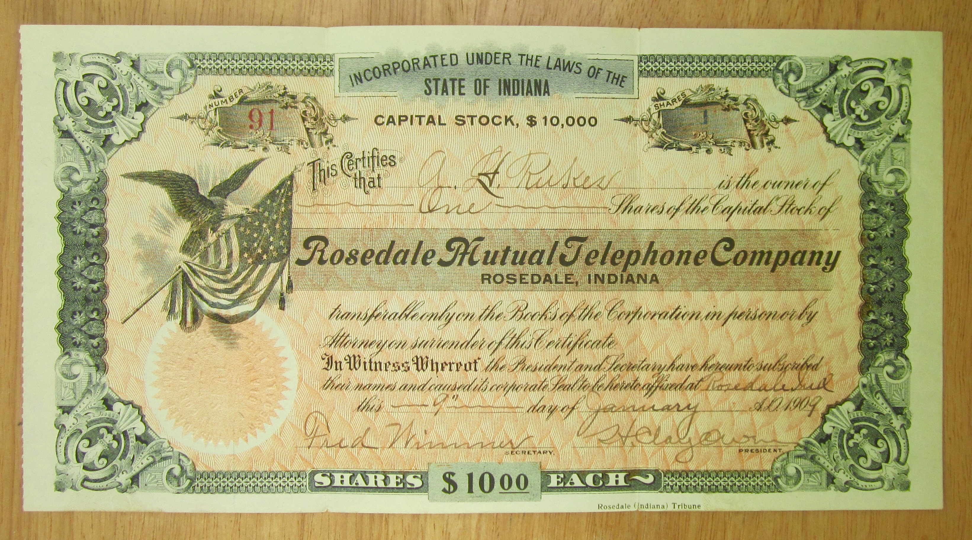 1909 Rosedale Mutual Telephone Co Stock Certificate