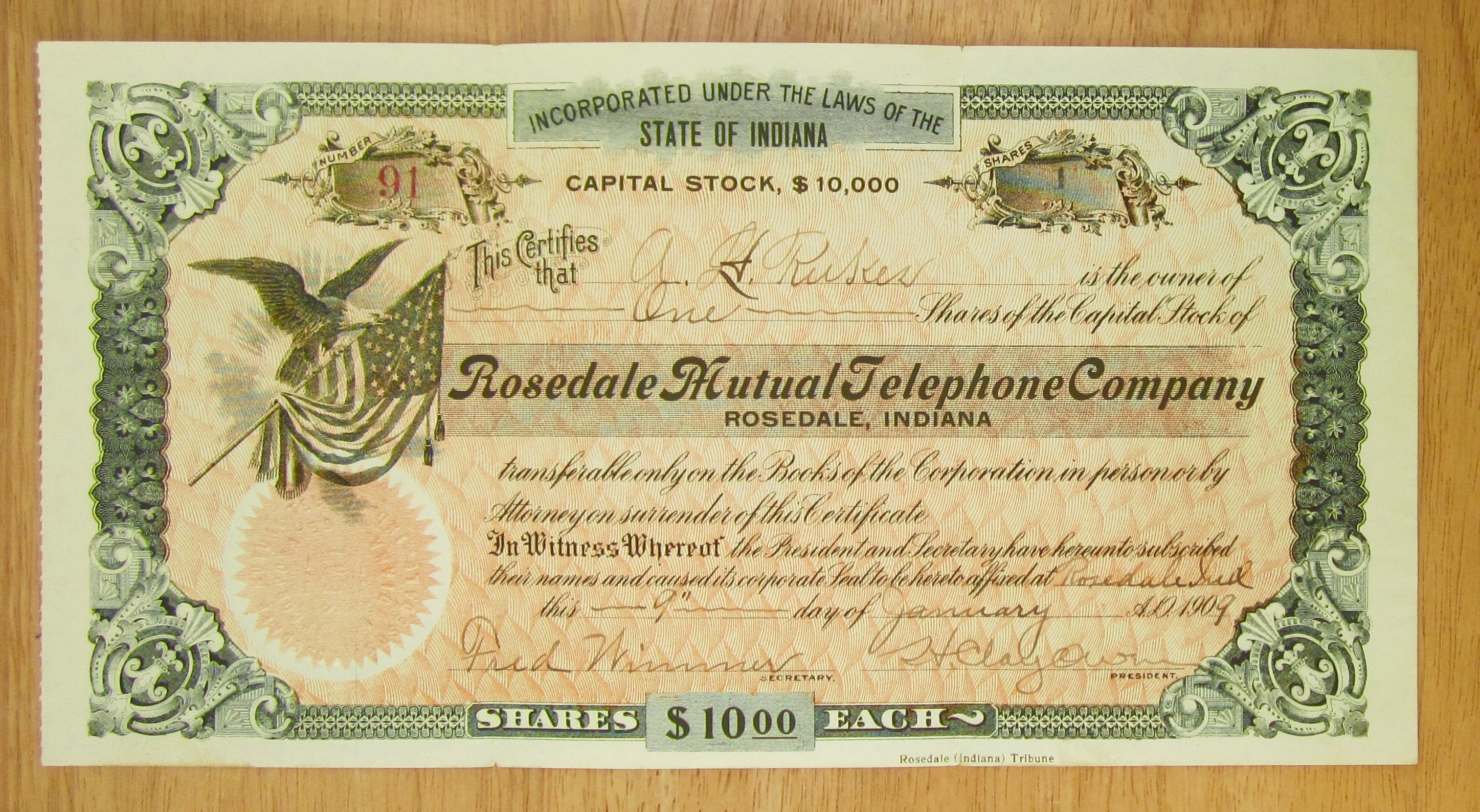 1909 Rosedale Mutual Telephone Co Stock Certificate