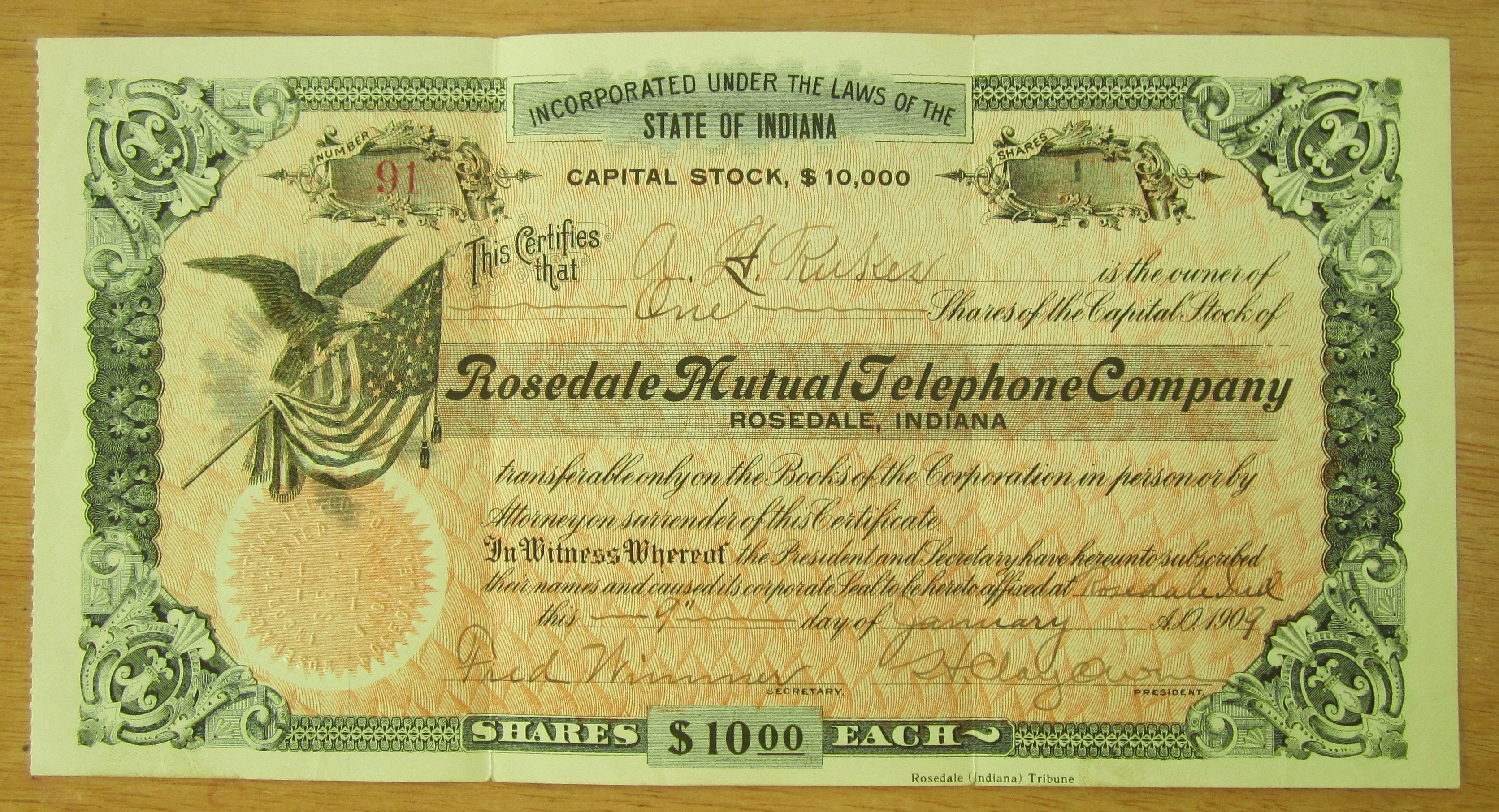 1909 Rosedale Mutual Telephone Co Stock Certificate