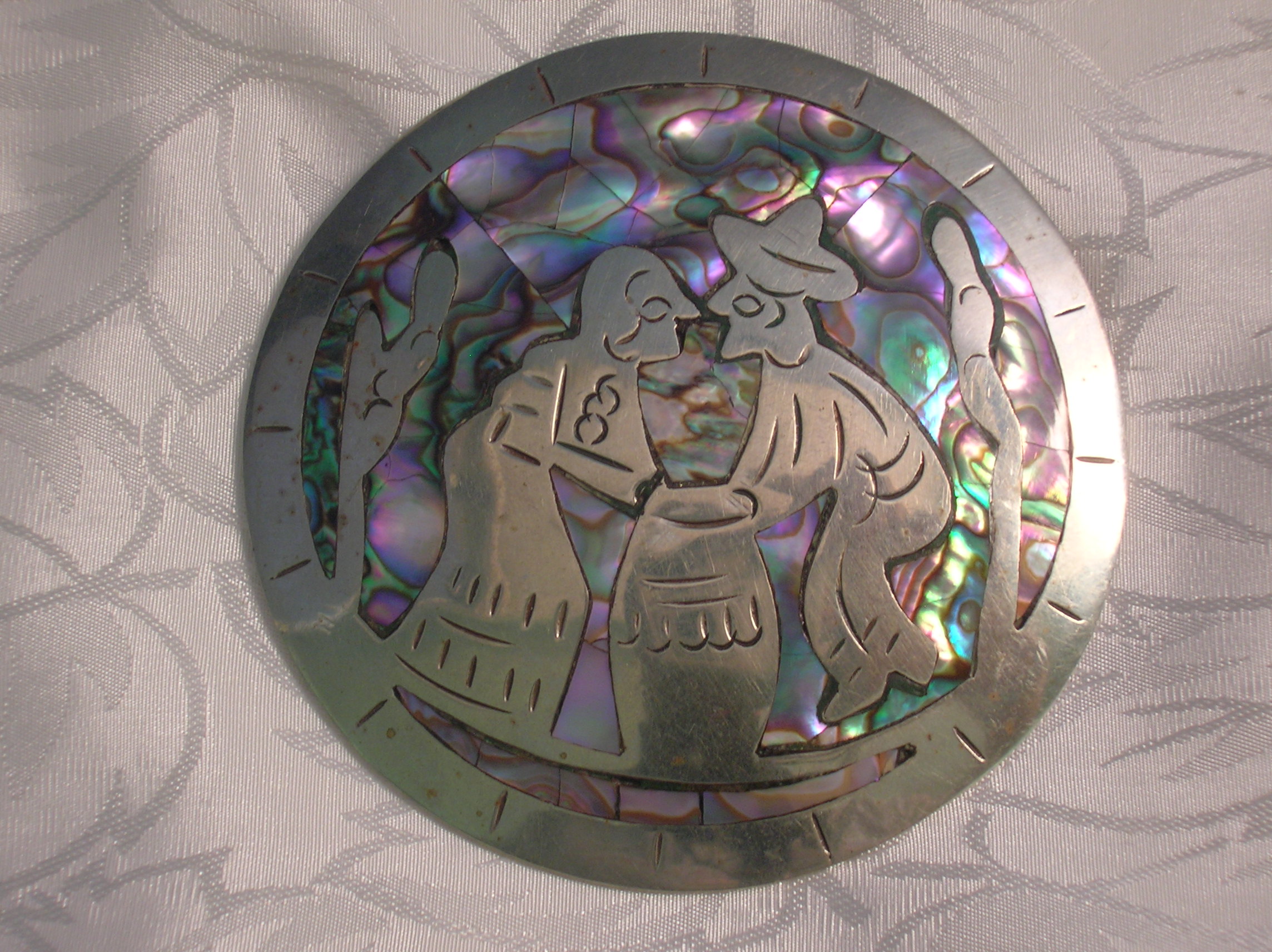 2 7/8 Inches Silver and Abalone Brooch Mexico