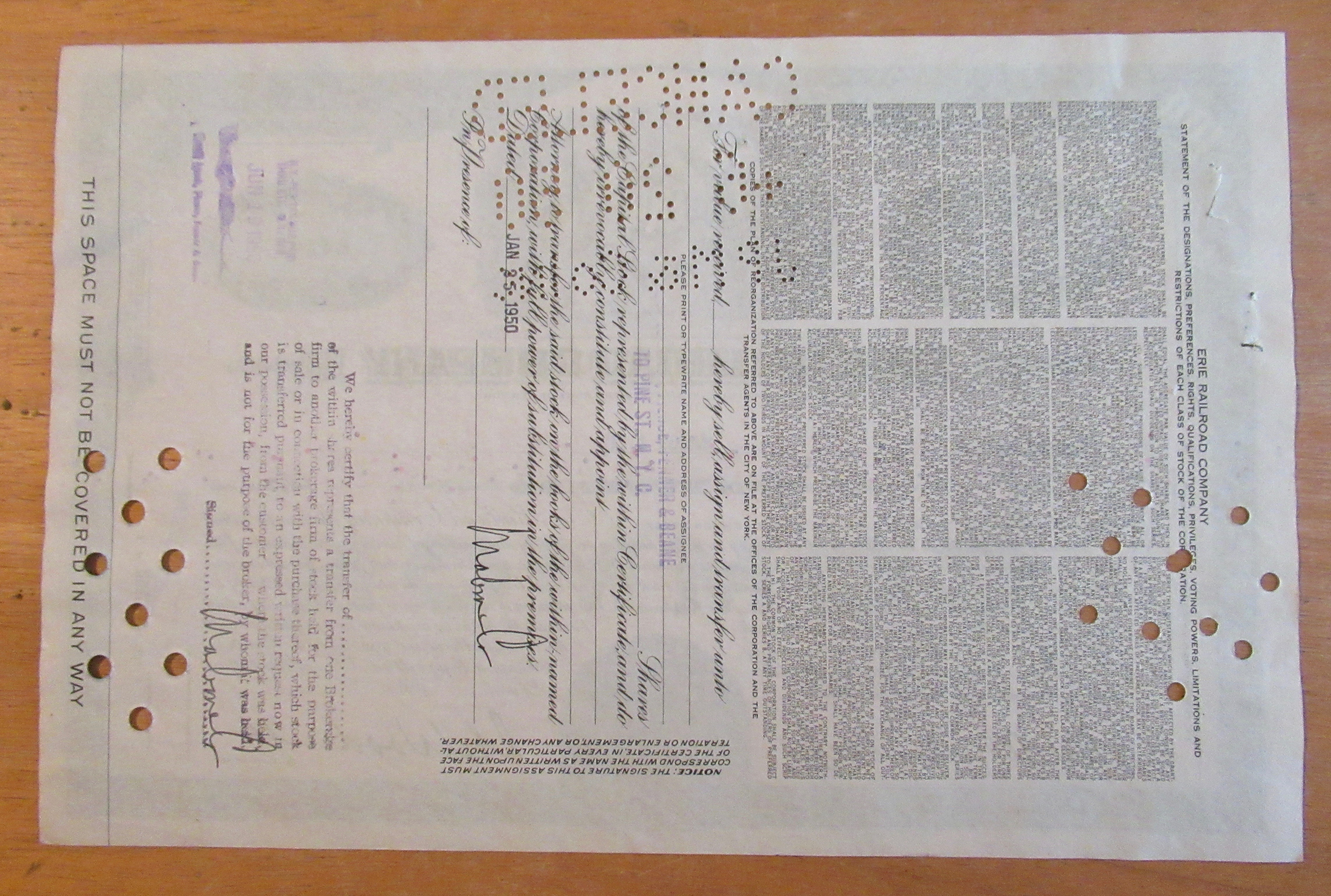 1950 Erie Railroad Company Stock Certificate