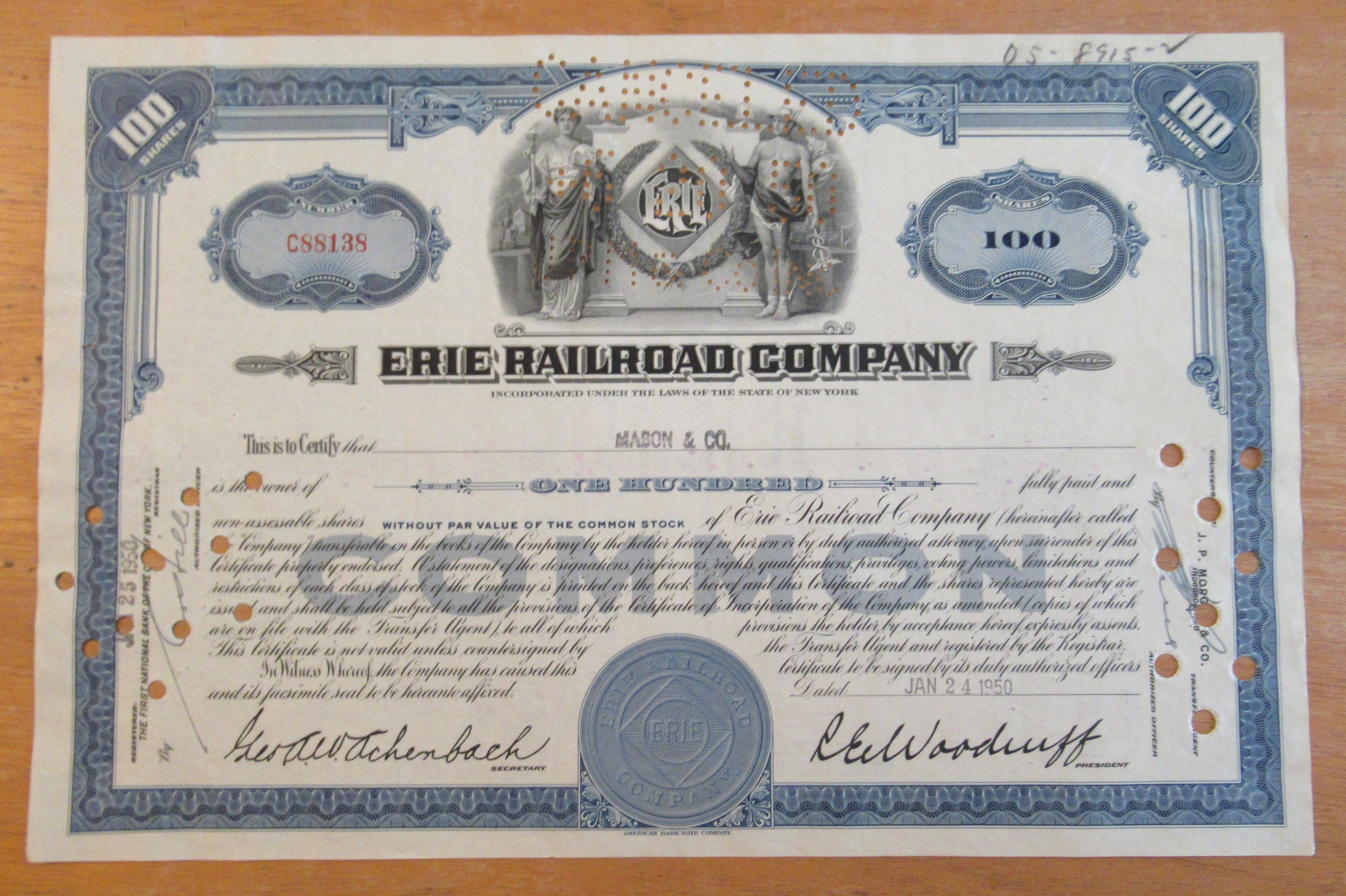 1950 Erie Railroad Company Stock Certificate