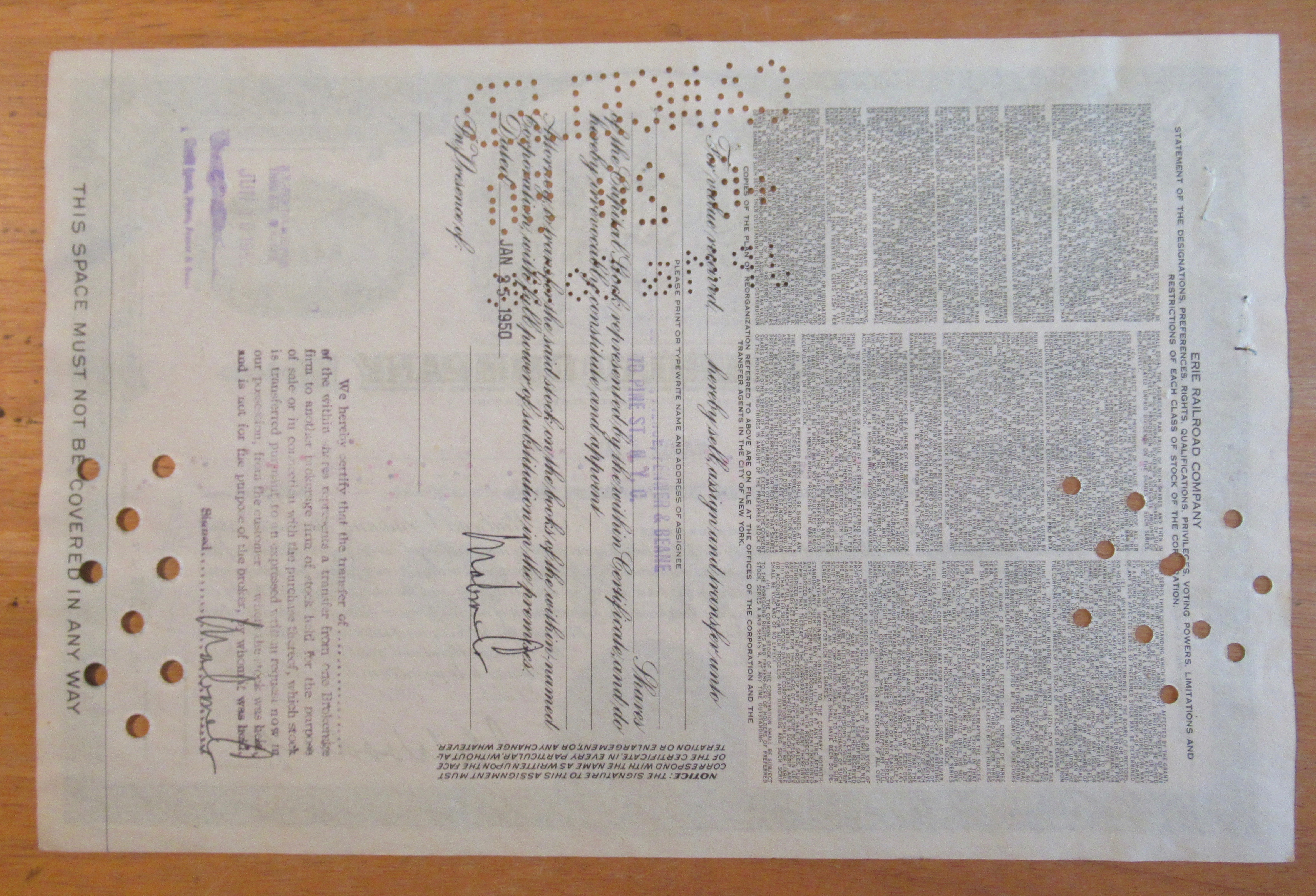 1950 Erie Railroad Company Stock Certificate