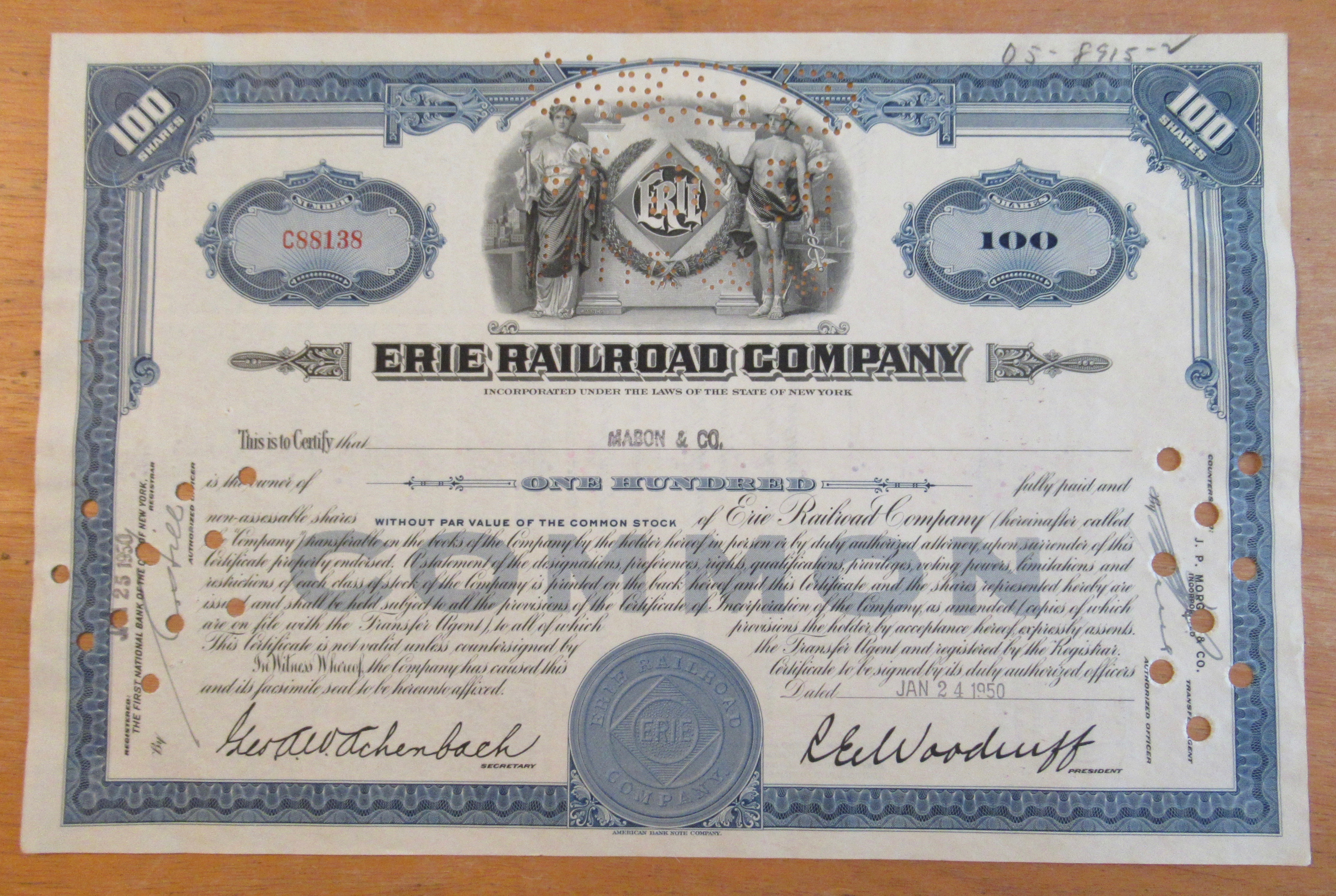 1950 Erie Railroad Company Stock Certificate