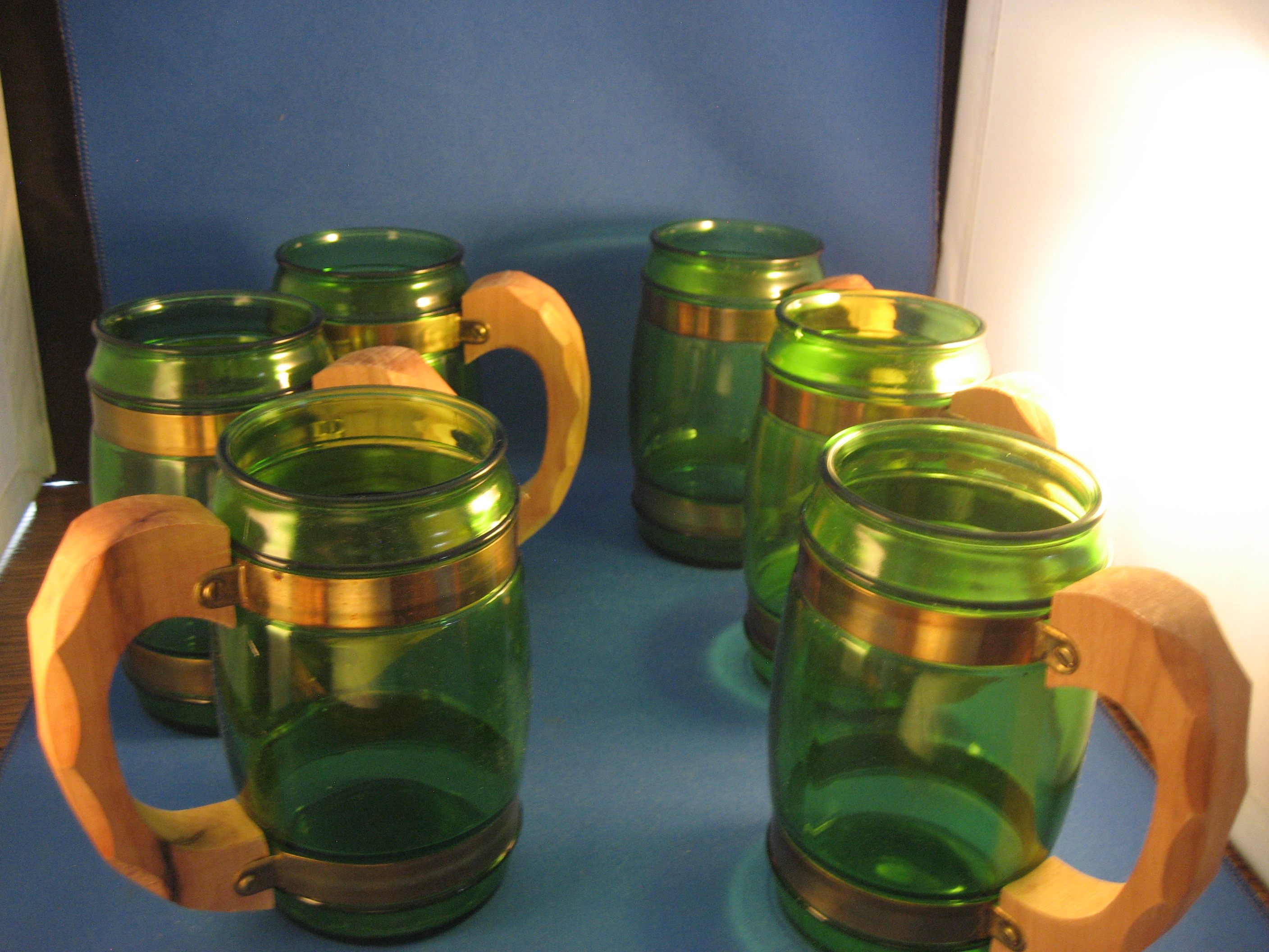 Six Green Glass Barrel Mugs With Wooden Handles