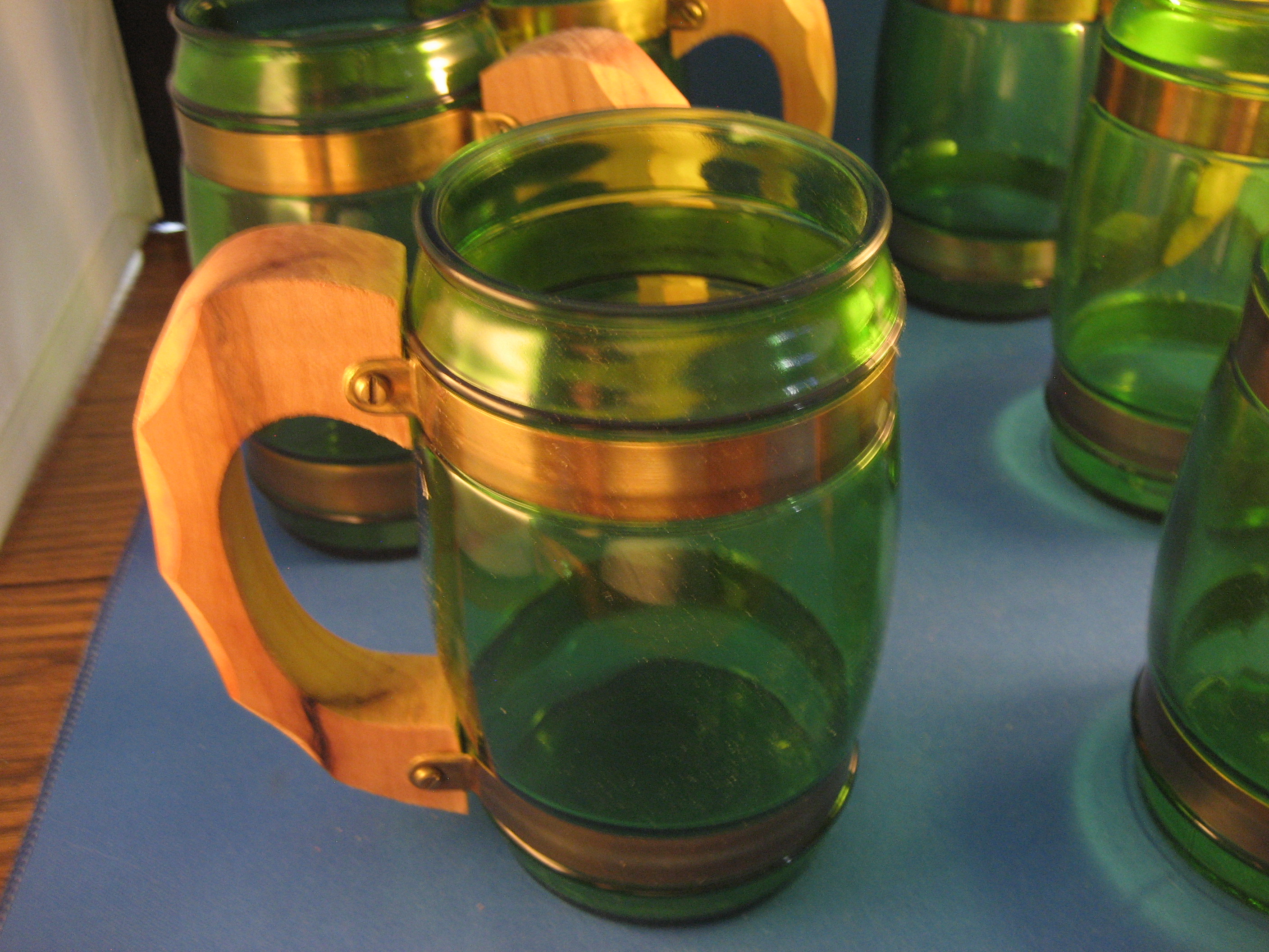 Six Green Glass Barrel Mugs With Wooden Handles