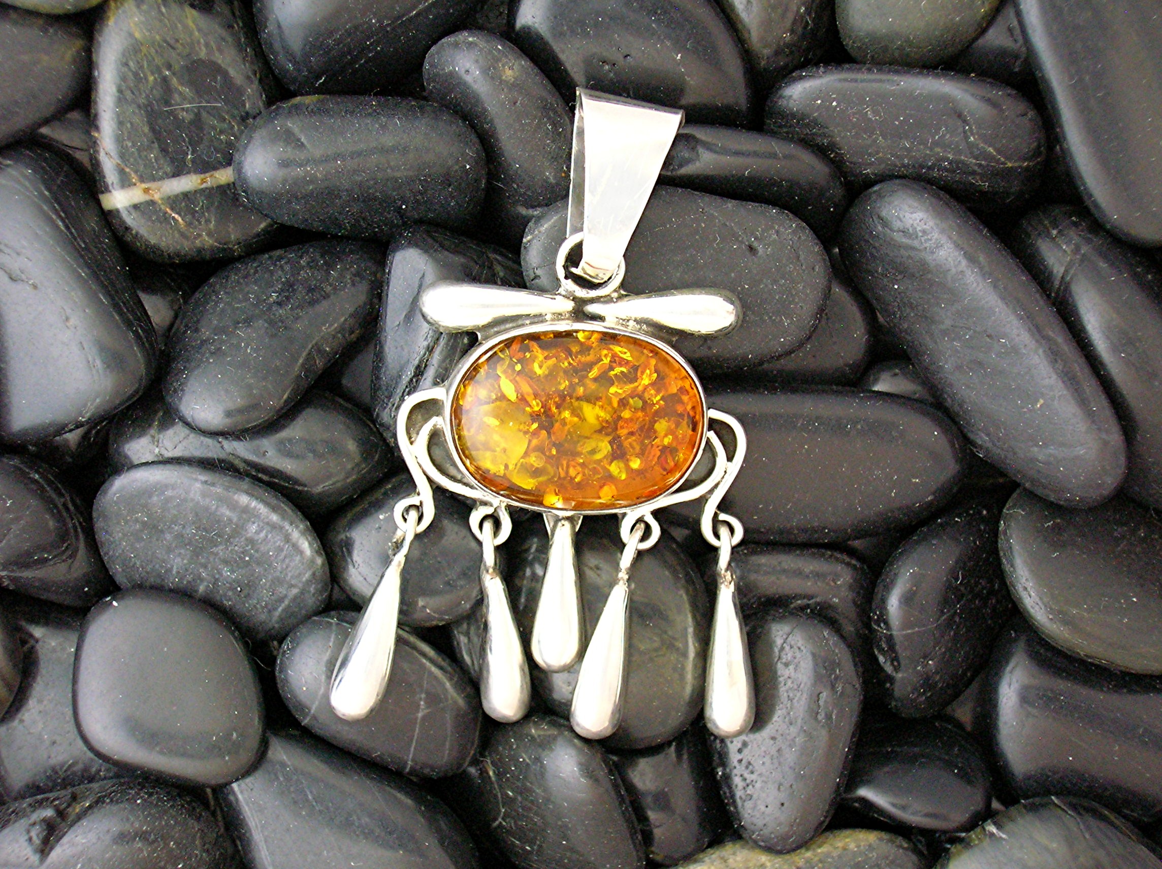 Pendant Sterling Silver Golden  Amber Tassle