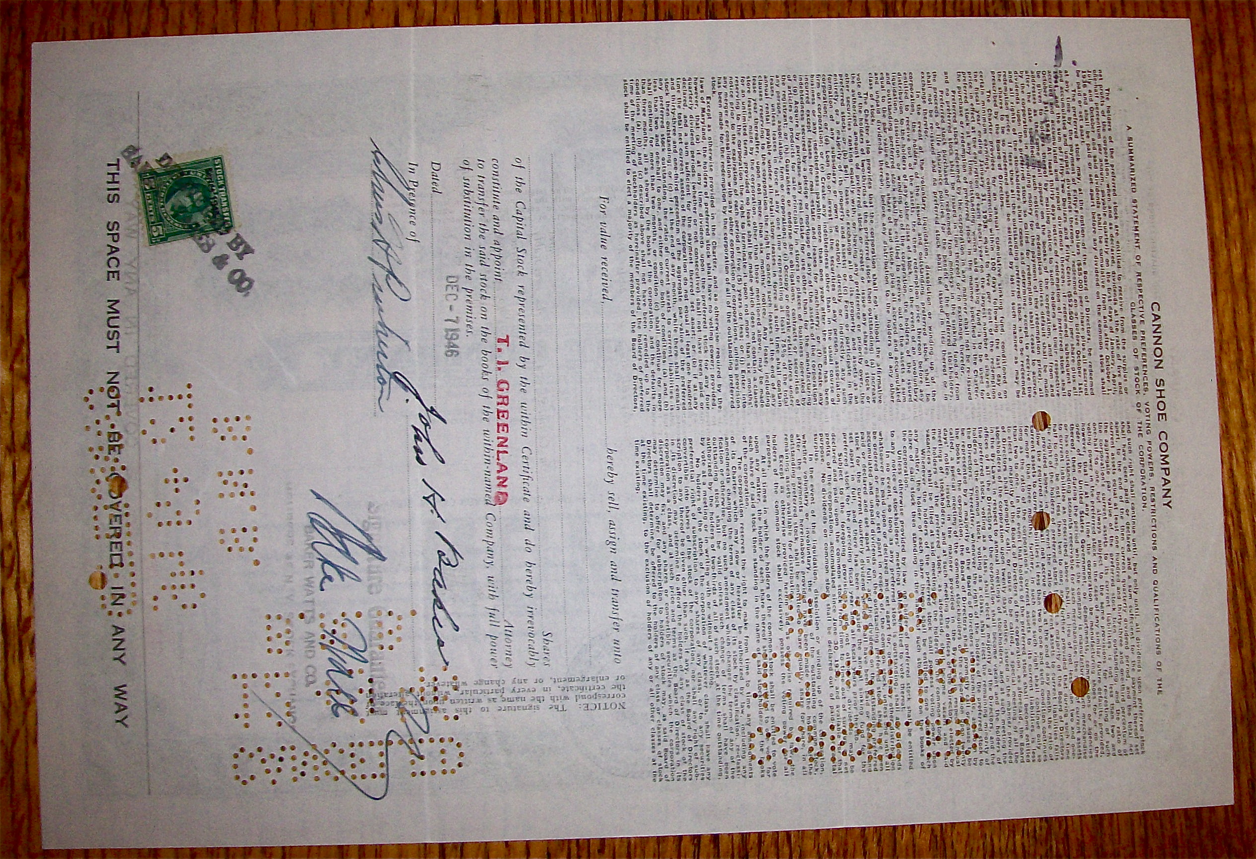 1945 Cannon Shoe Company Stock Certificate