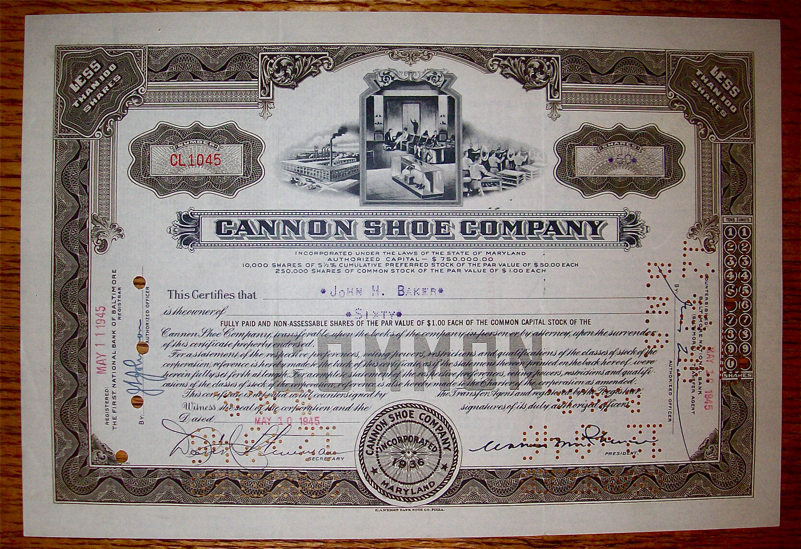 1945 Cannon Shoe Company Stock Certificate