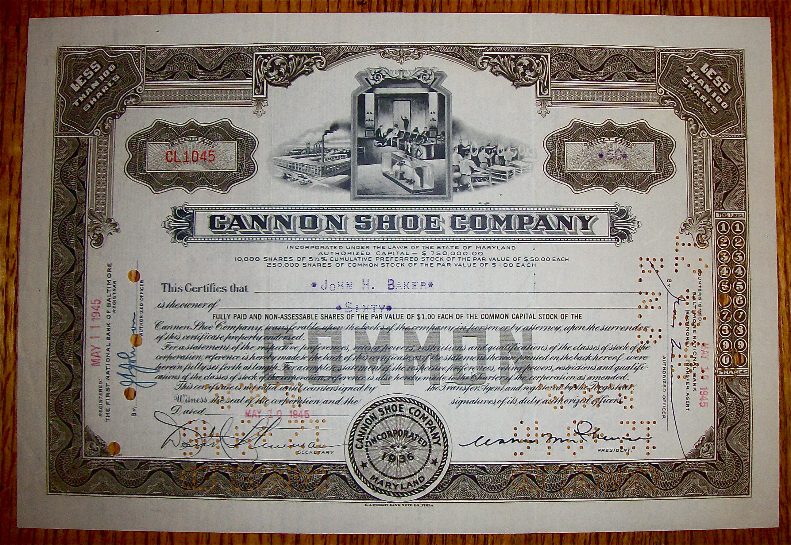 1945 Cannon Shoe Company Stock Certificate