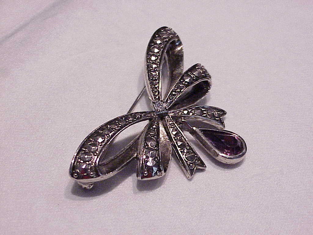 Avon Marcasite And Amethyst Rhinestone Bow Brooch