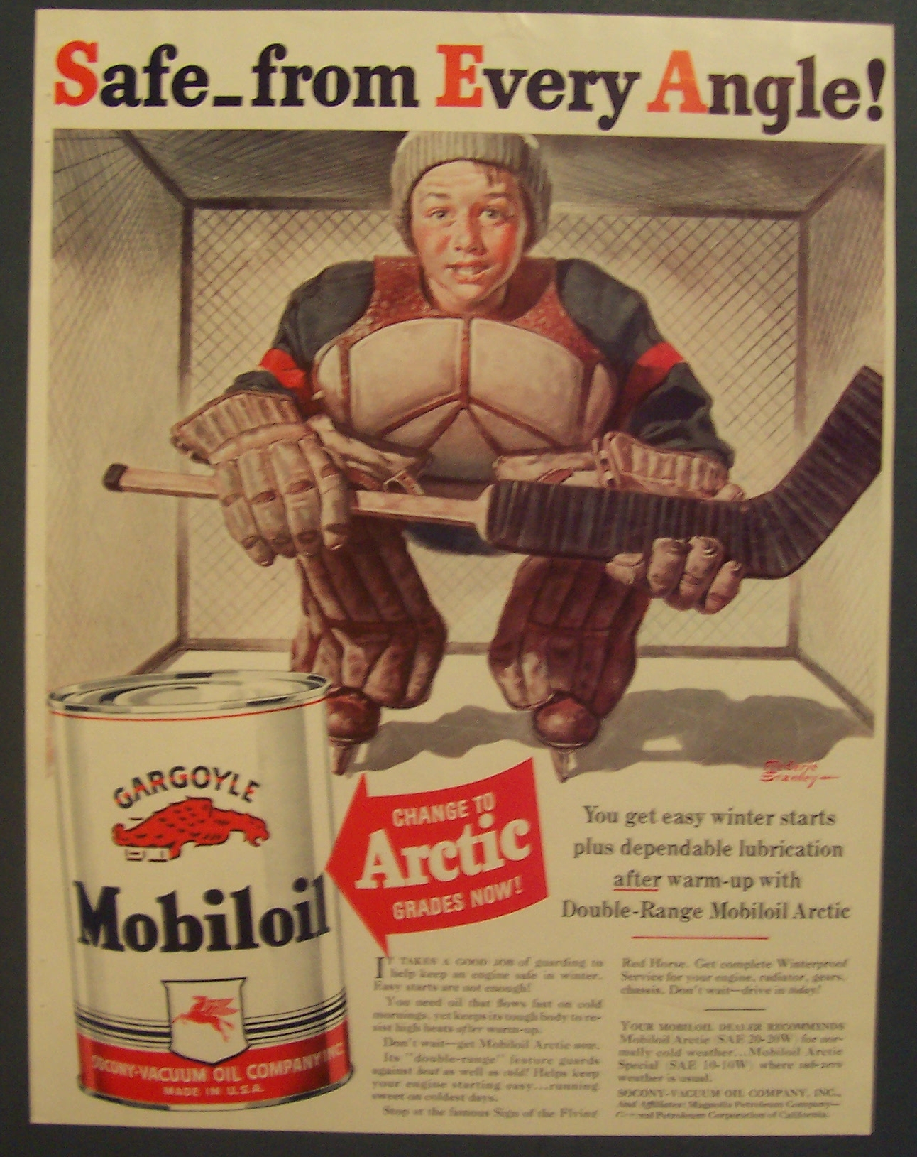 1940 Gargoyle Mobiloil with Hockey Goalie By F Stanley
