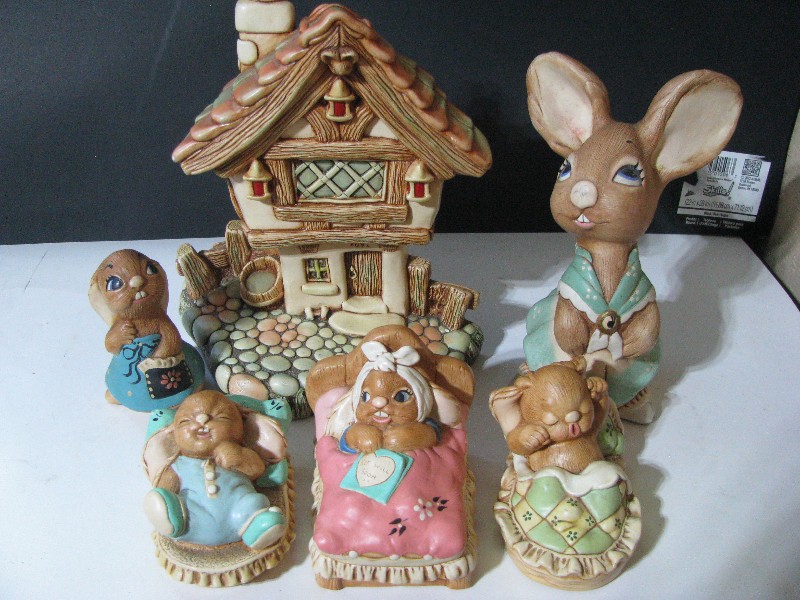 Vintage Hand-Painted Ceramic Rabbit Family & Cottage Figurine Set - 6 Pieces