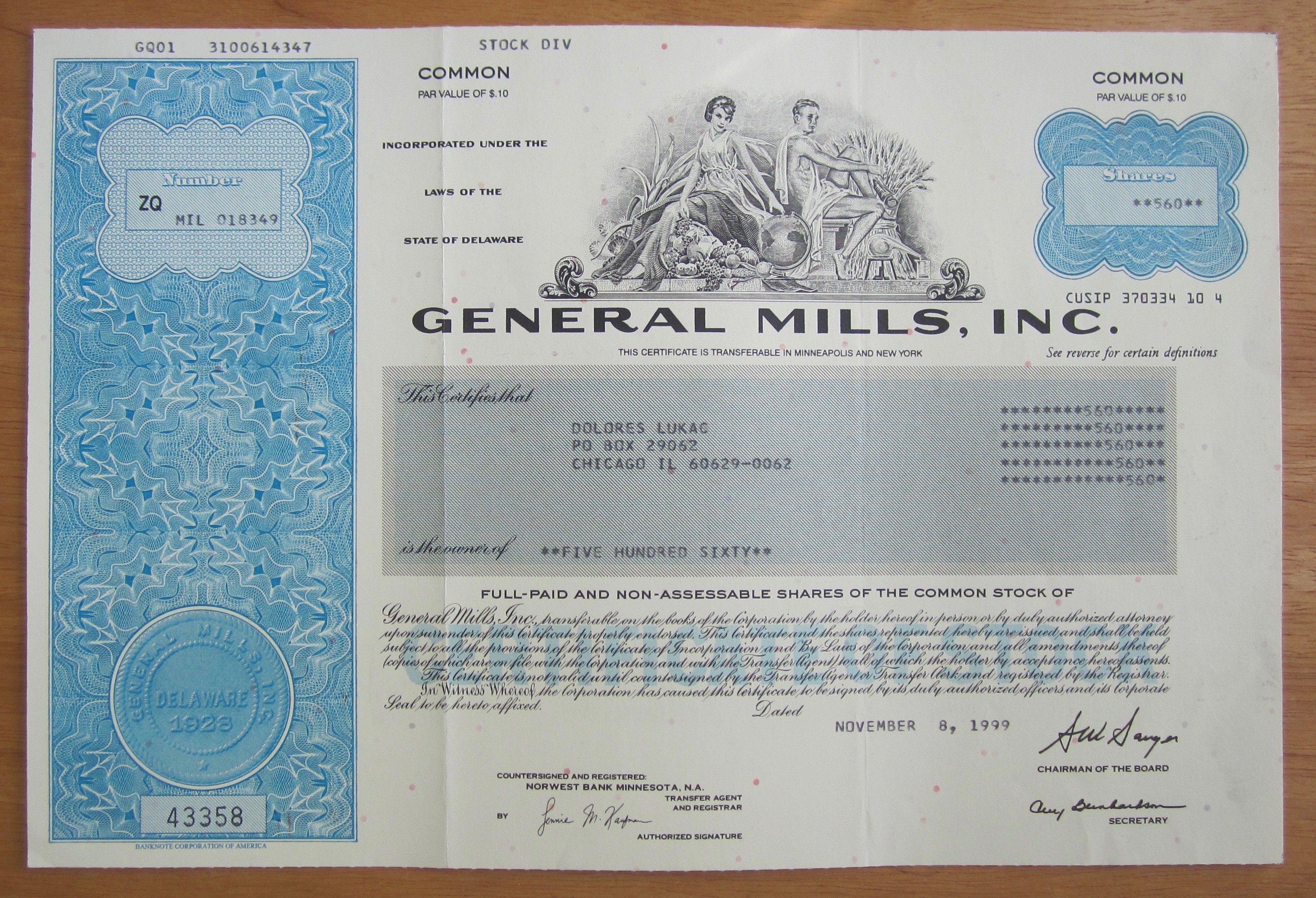 1999 General Mills Incorporated Stock Certificate