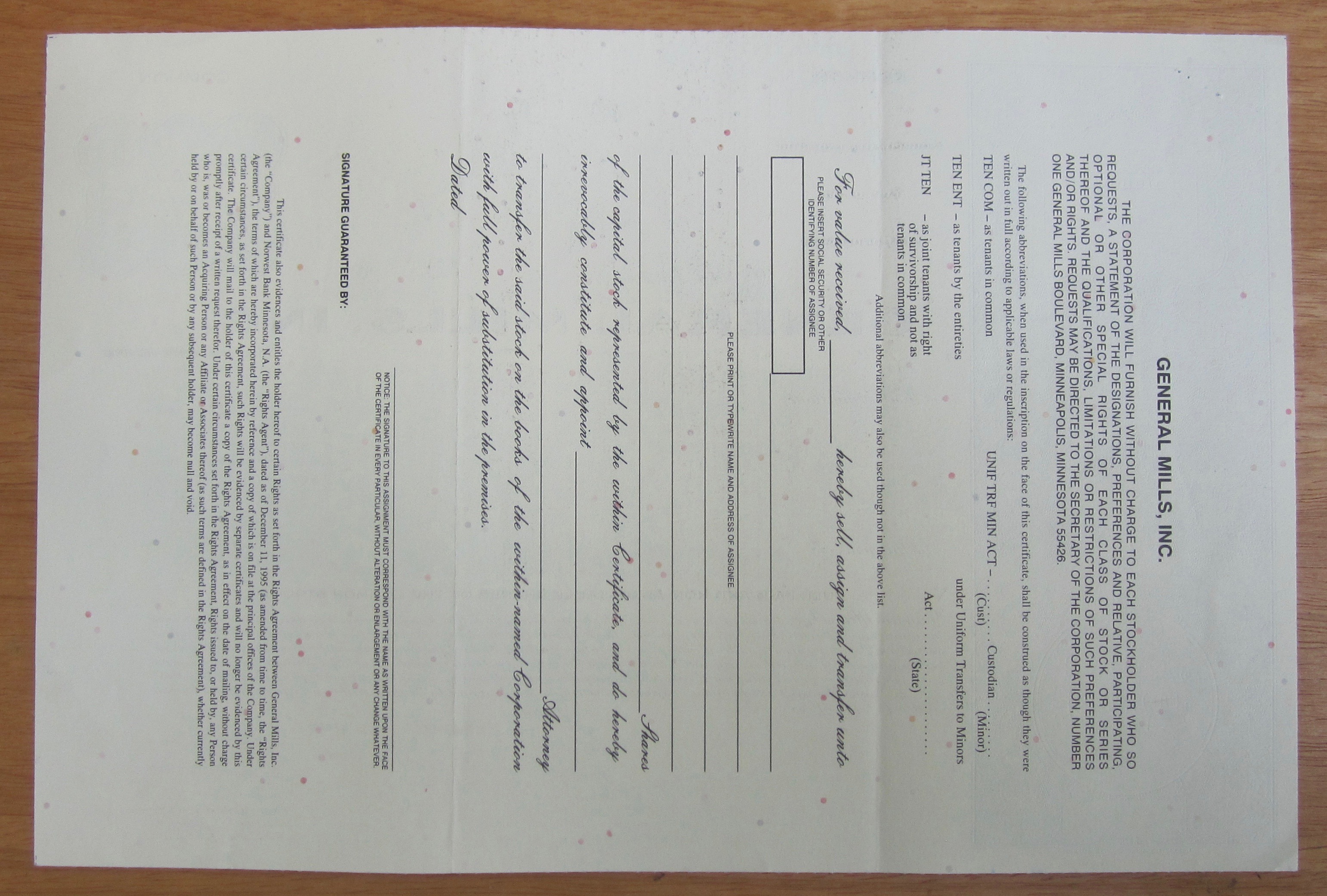 1999 General Mills Incorporated Stock Certificate