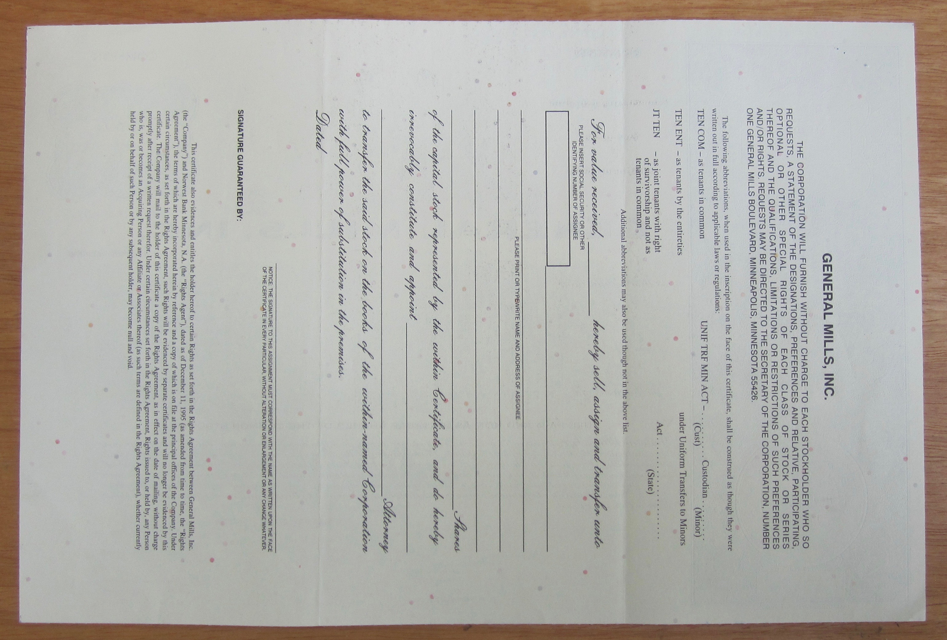 1999 General Mills Incorporated Stock Certificate