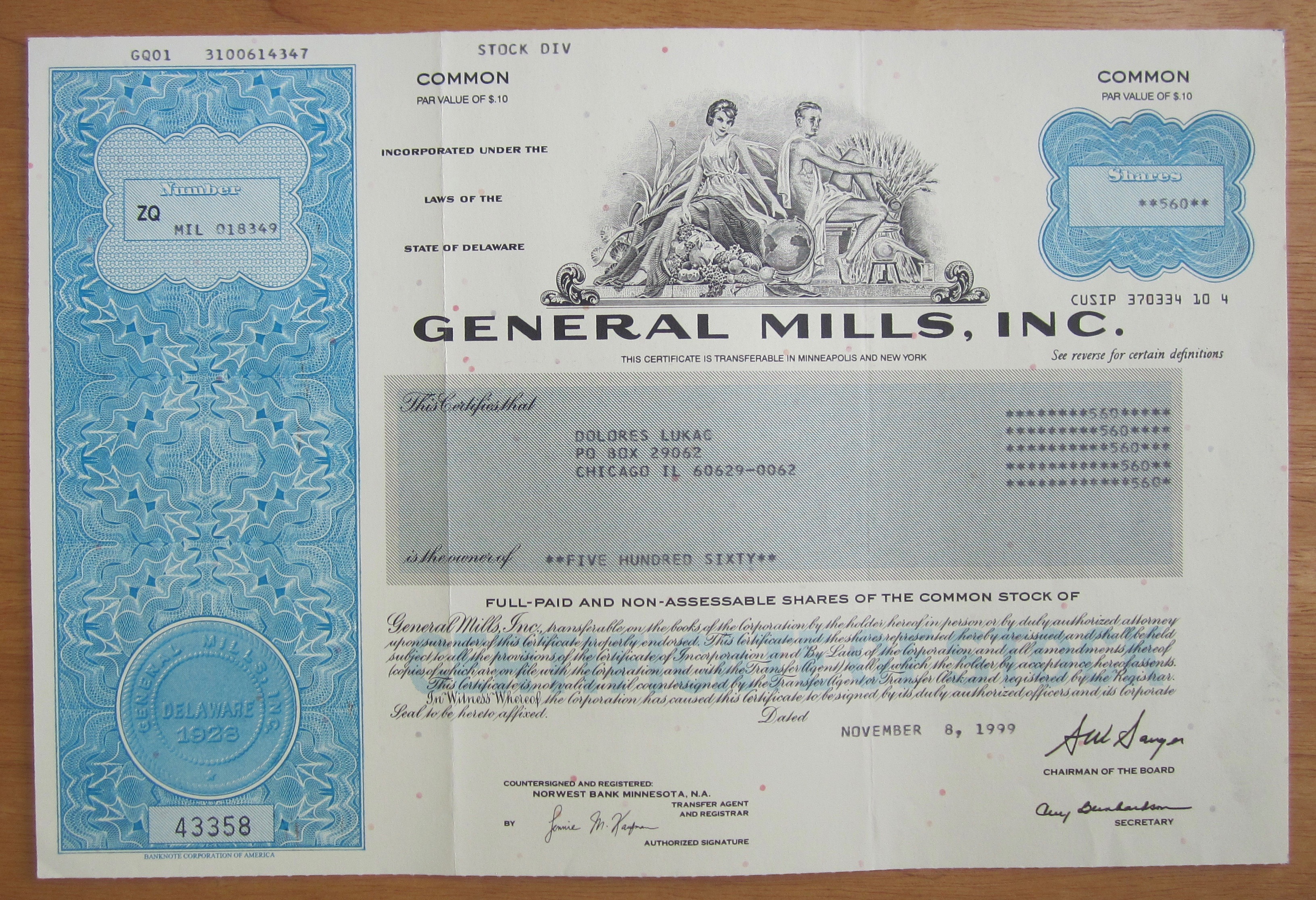1999 General Mills Incorporated Stock Certificate