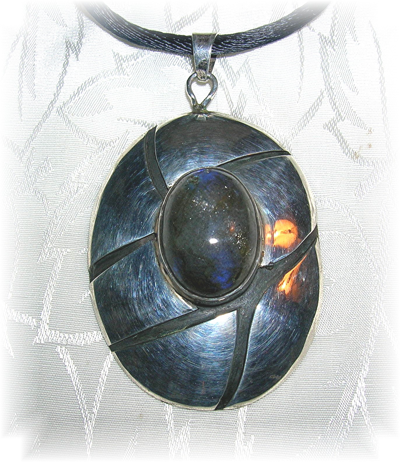 Necklace Sterling Silver Laboradite  Black Silk Rope
