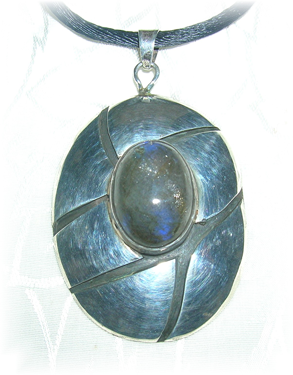 Necklace Sterling Silver Laboradite  Black Silk Rope