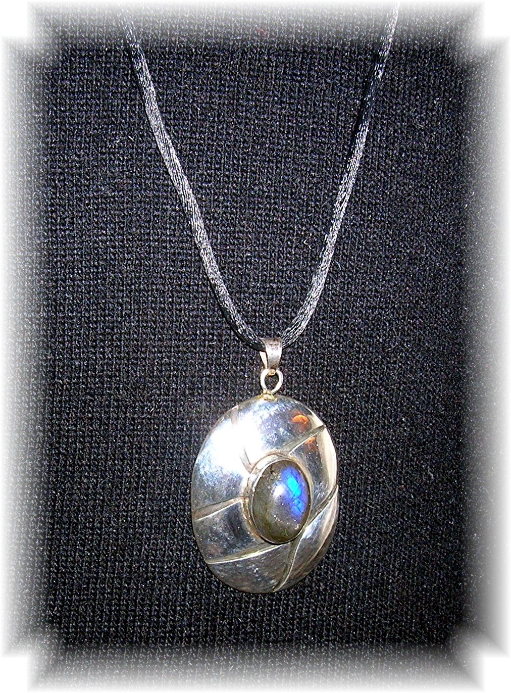 Necklace Sterling Silver Laboradite  Black Silk Rope