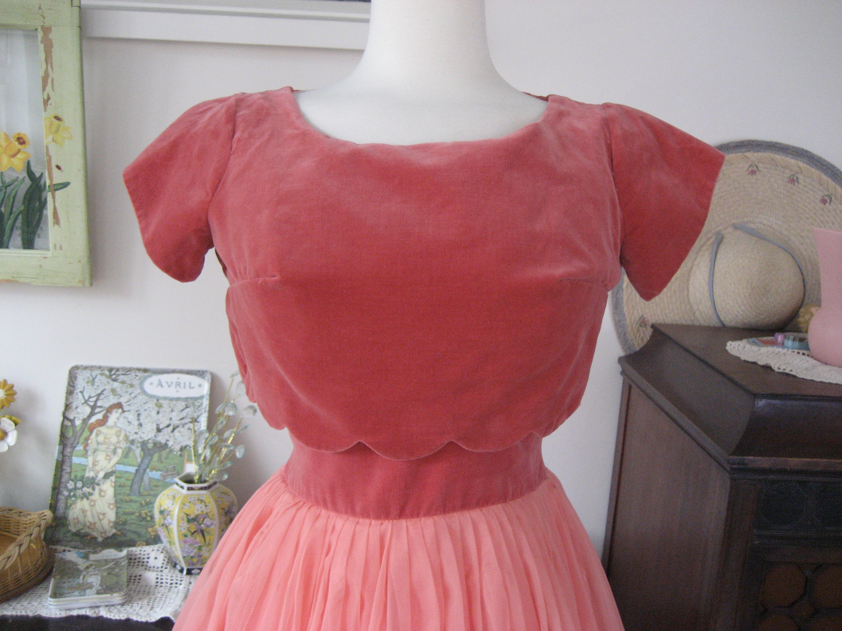 1950s Peach Chiffon Prom Dress